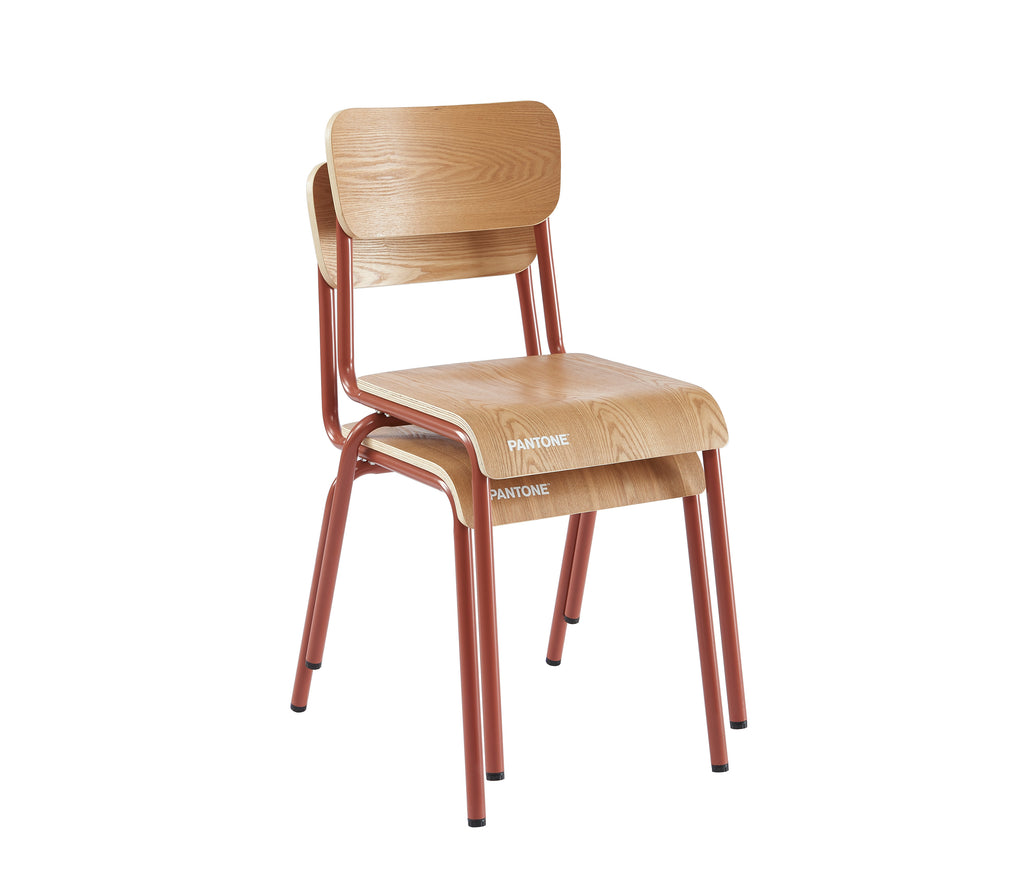 PANTONE® Set of 2 Dining Chairs with Ash Veneer Seat and Metal Legs – Terracotta