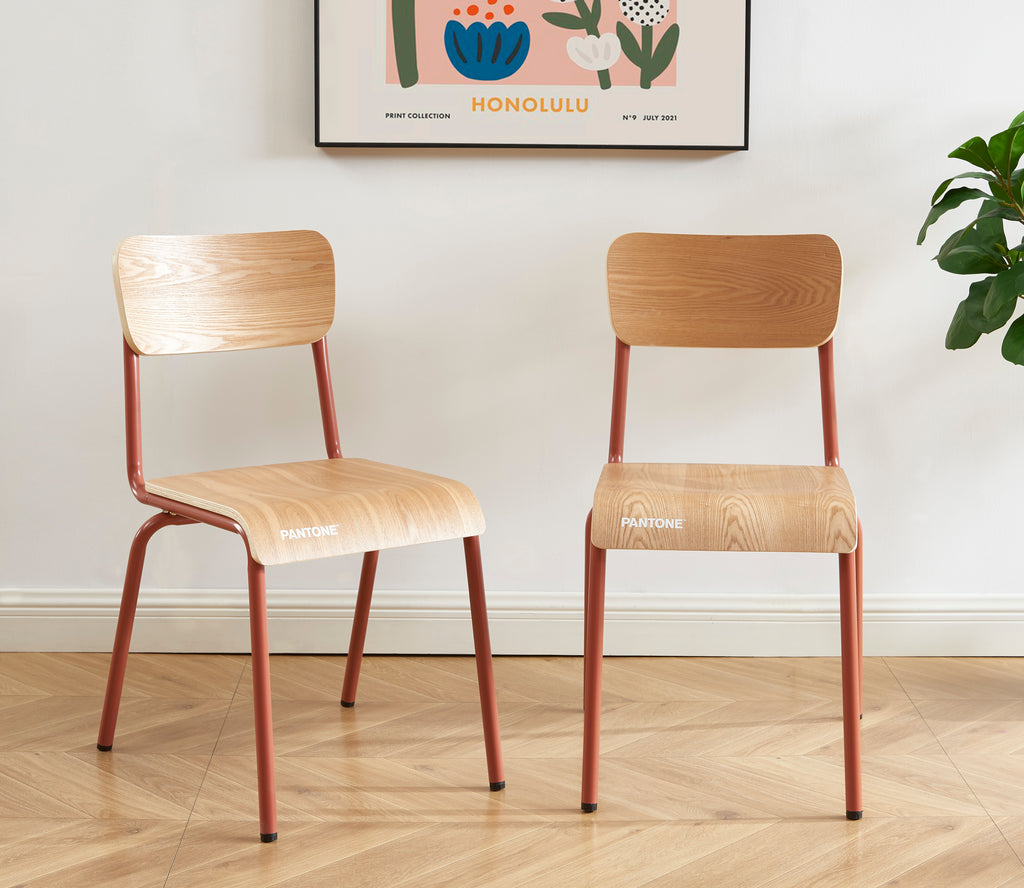 PANTONE® Set of 2 Dining Chairs with Ash Veneer Seat and Metal Legs – Terracotta