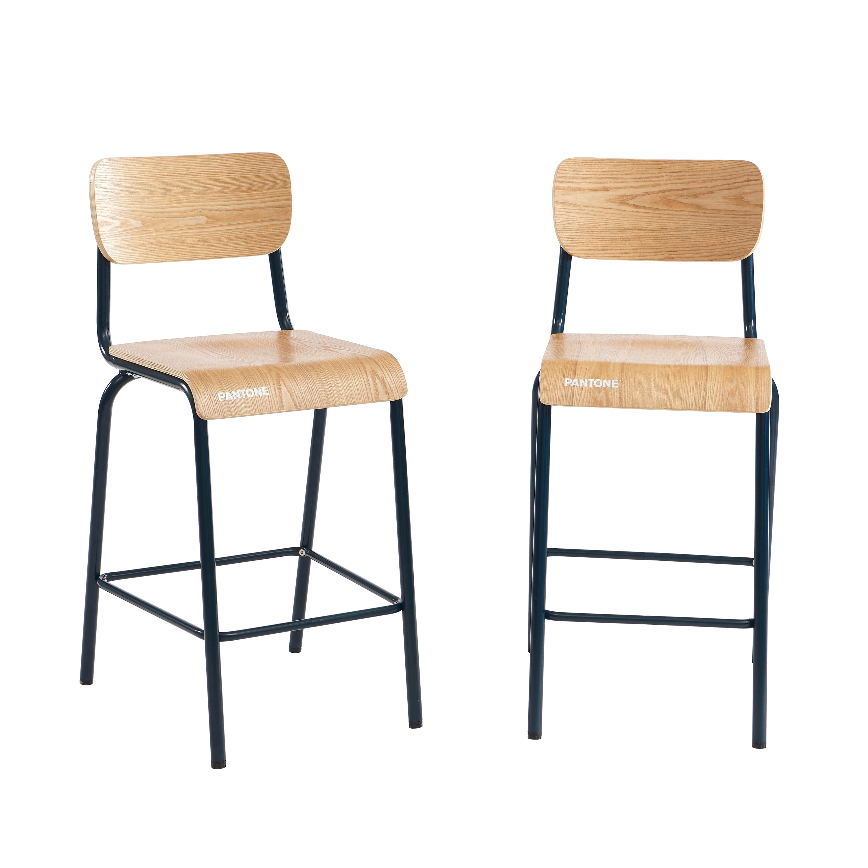 PANTONE® Set of 2 Bar Chairs with Ash Veneer Seat and Metal Legs – Midnight blue
