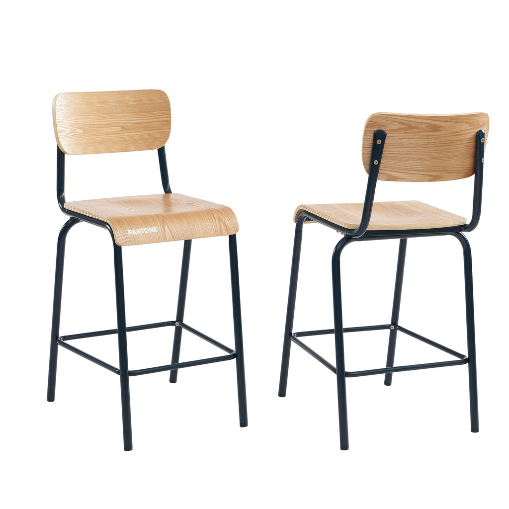 PANTONE® Set of 2 Bar Chairs with Ash Veneer Seat and Metal Legs – Midnight blue