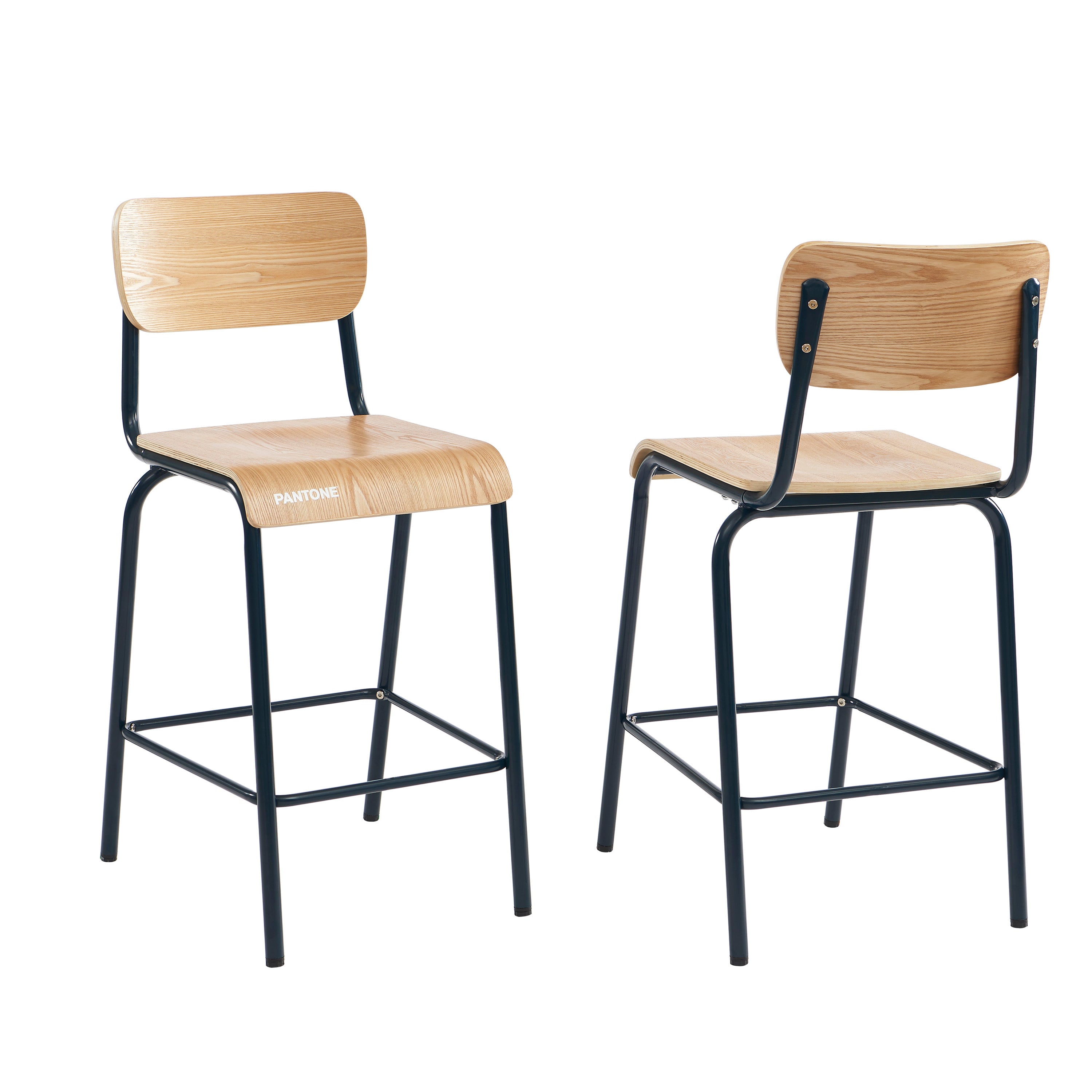 PANTONE® Set of 2 Bar Chairs with Ash Veneer Seat and Metal Legs – Midnight blue