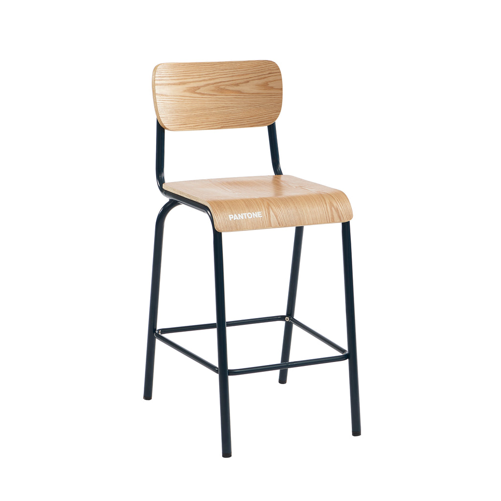 PANTONE® Set of 2 Bar Chairs with Ash Veneer Seat and Metal Legs – Midnight blue