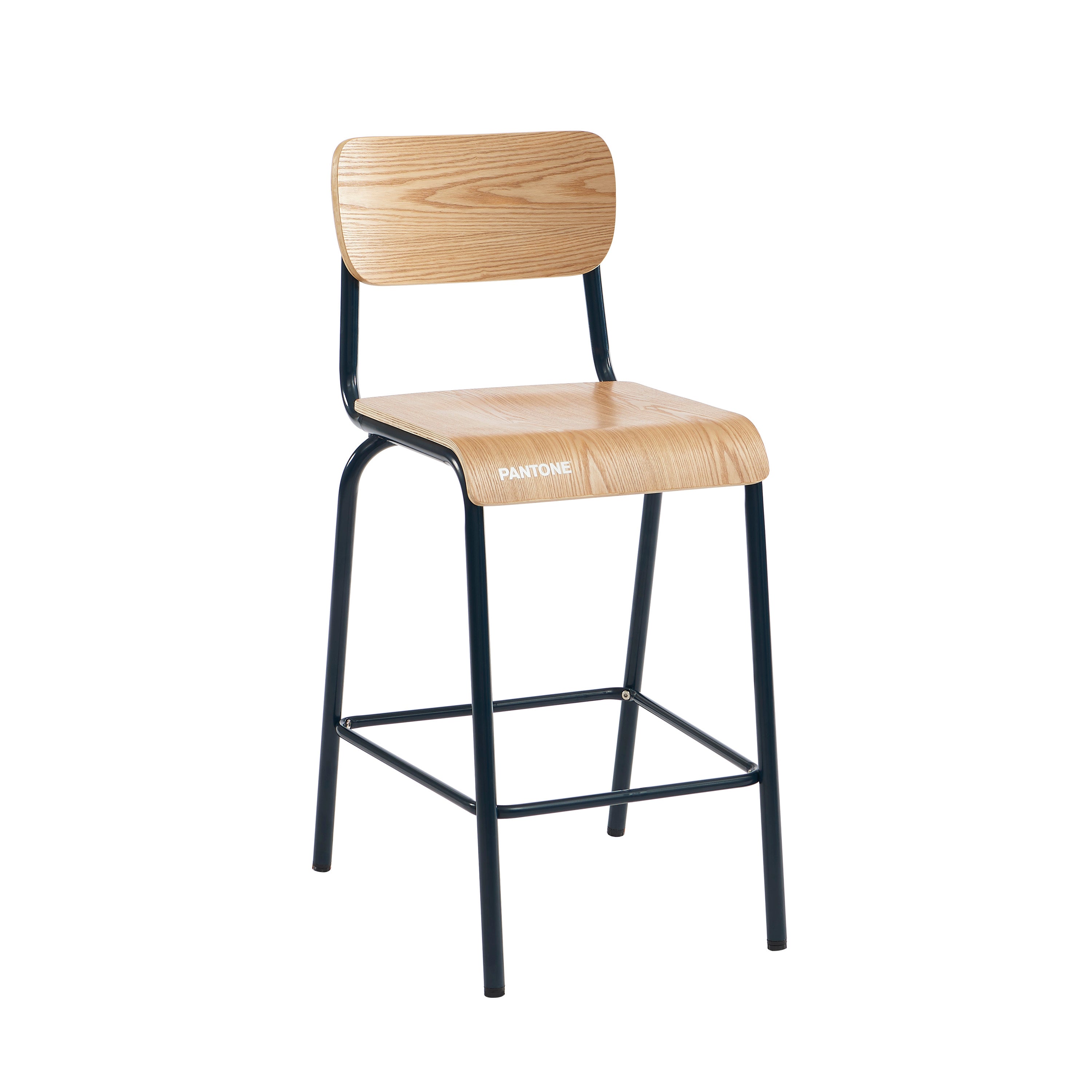 PANTONE® Set of 2 Bar Chairs with Ash Veneer Seat and Metal Legs – Midnight blue