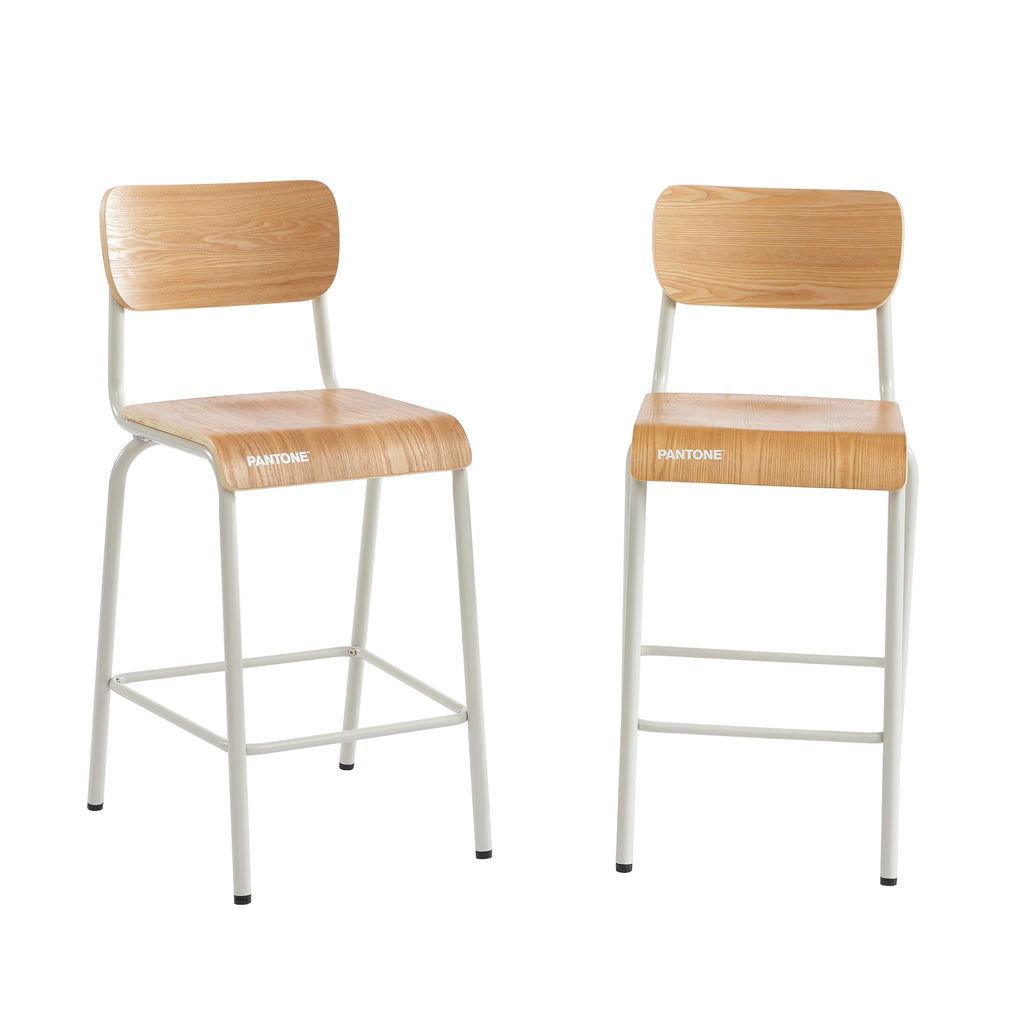PANTONE® Set of 2 Bar Chairs with Ash Veneer Seat and Metal Legs – Sand