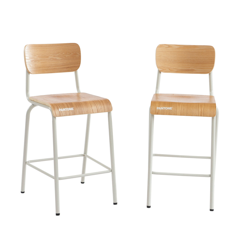 PANTONE® Set of 2 Bar Chairs with Ash Veneer Seat and Metal Legs – Sand