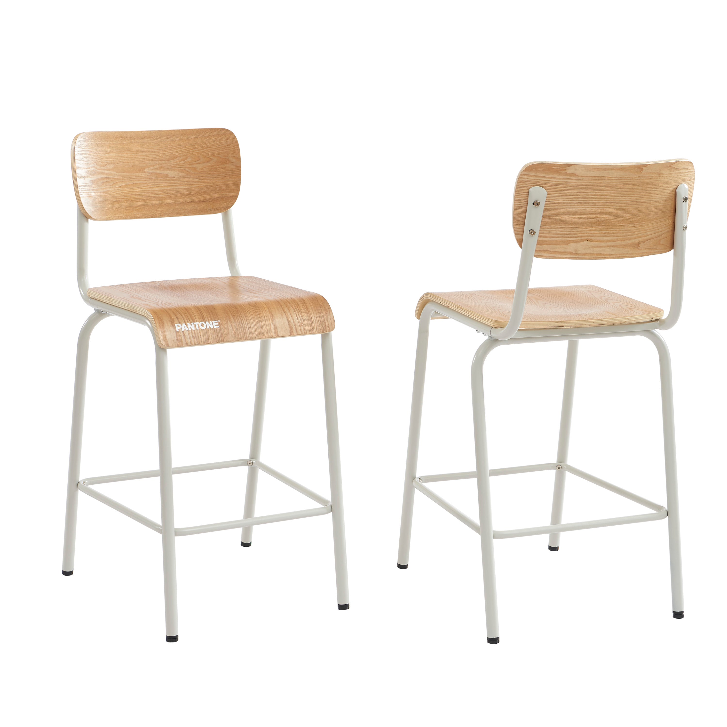 PANTONE® Set of 2 Bar Chairs with Ash Veneer Seat and Metal Legs – Sand