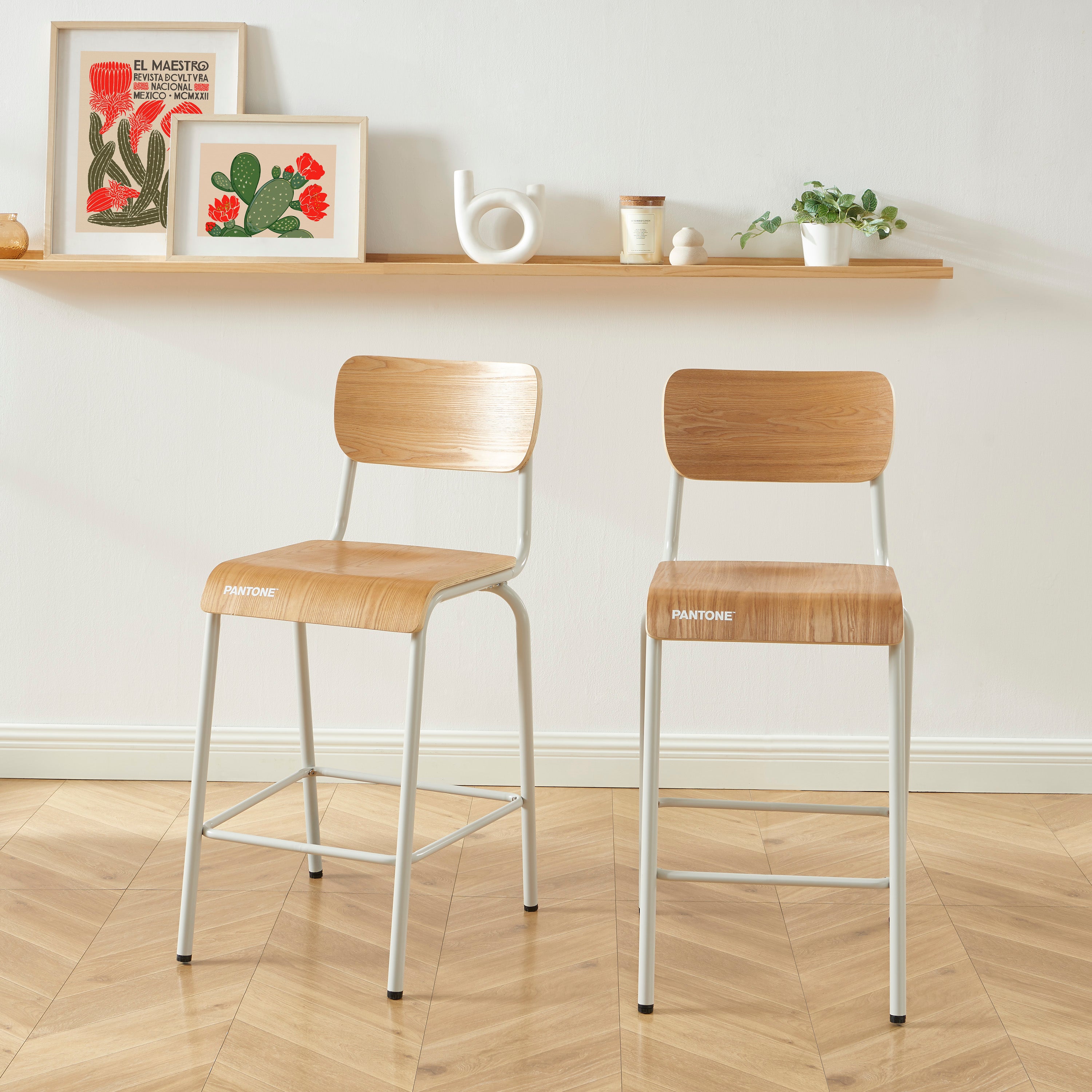 PANTONE® Set of 2 Bar Chairs with Ash Veneer Seat and Metal Legs – Sand