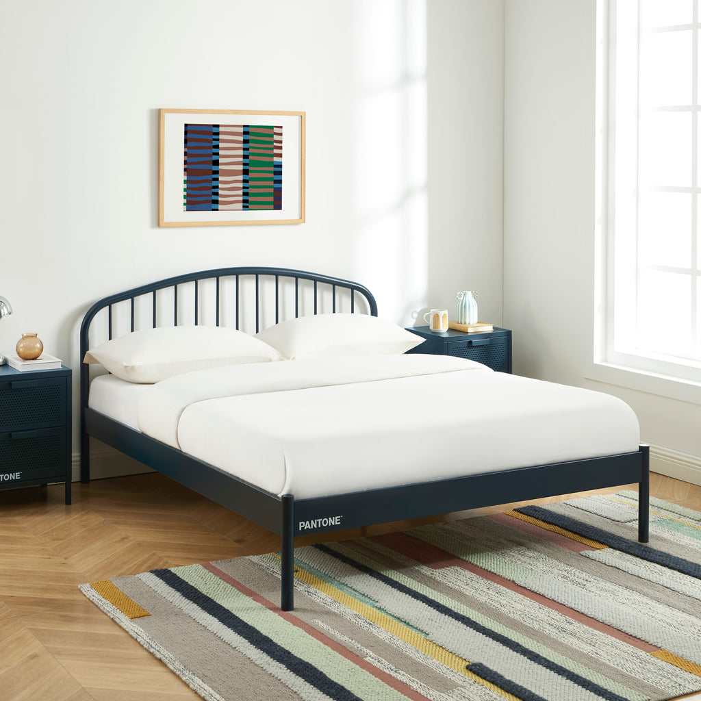 PANTONE® Metal Bed with Integrated Headboard and Slatted Base – Midnight blue