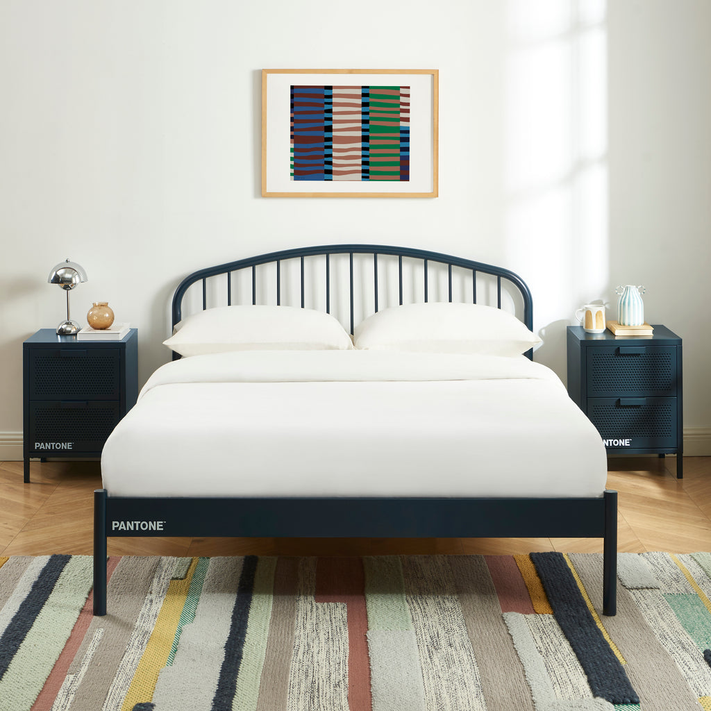 PANTONE® Metal Bed with Integrated Headboard and Slatted Base – Midnight blue