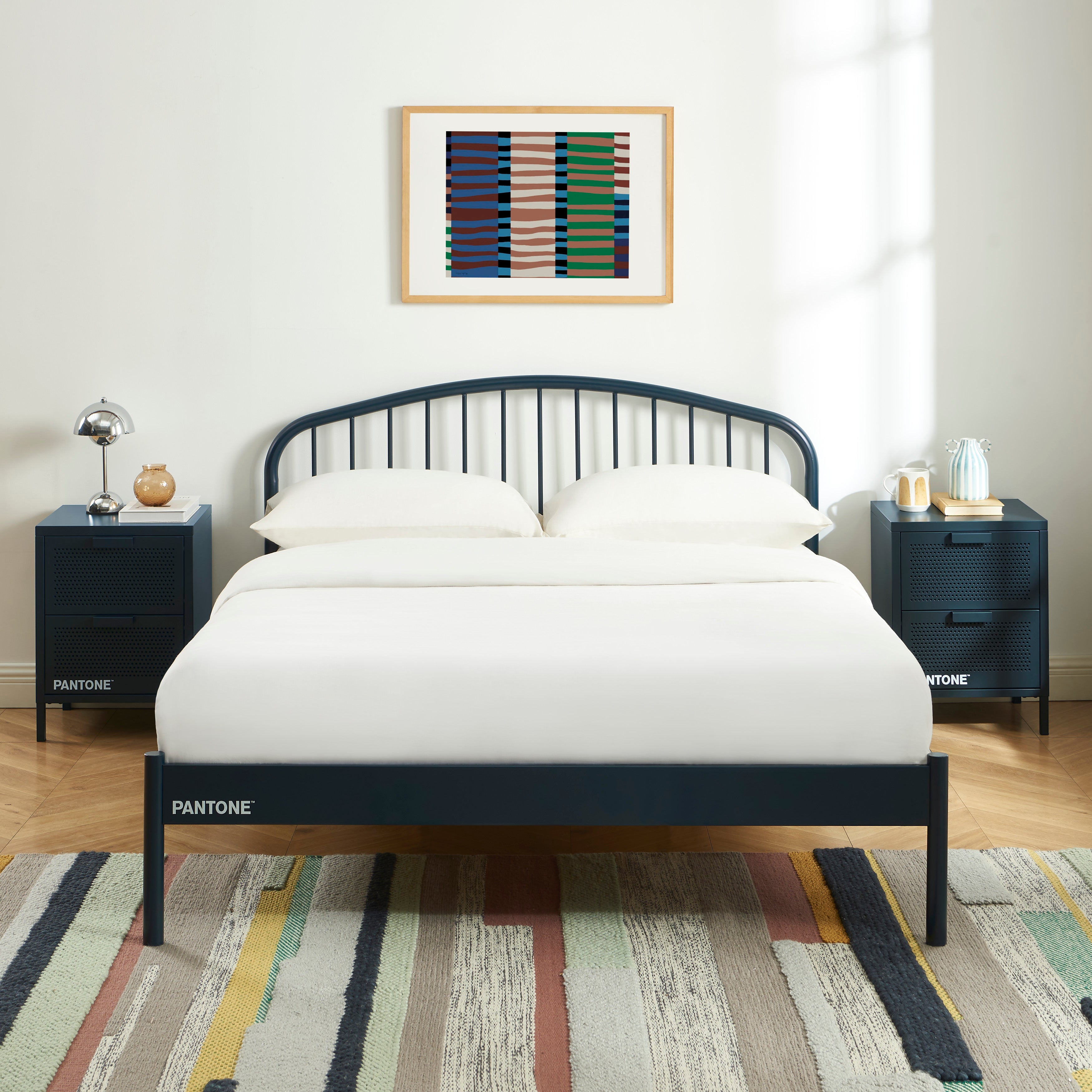 PANTONE® Metal Bed with Integrated Headboard and Slatted Base – Midnight blue
