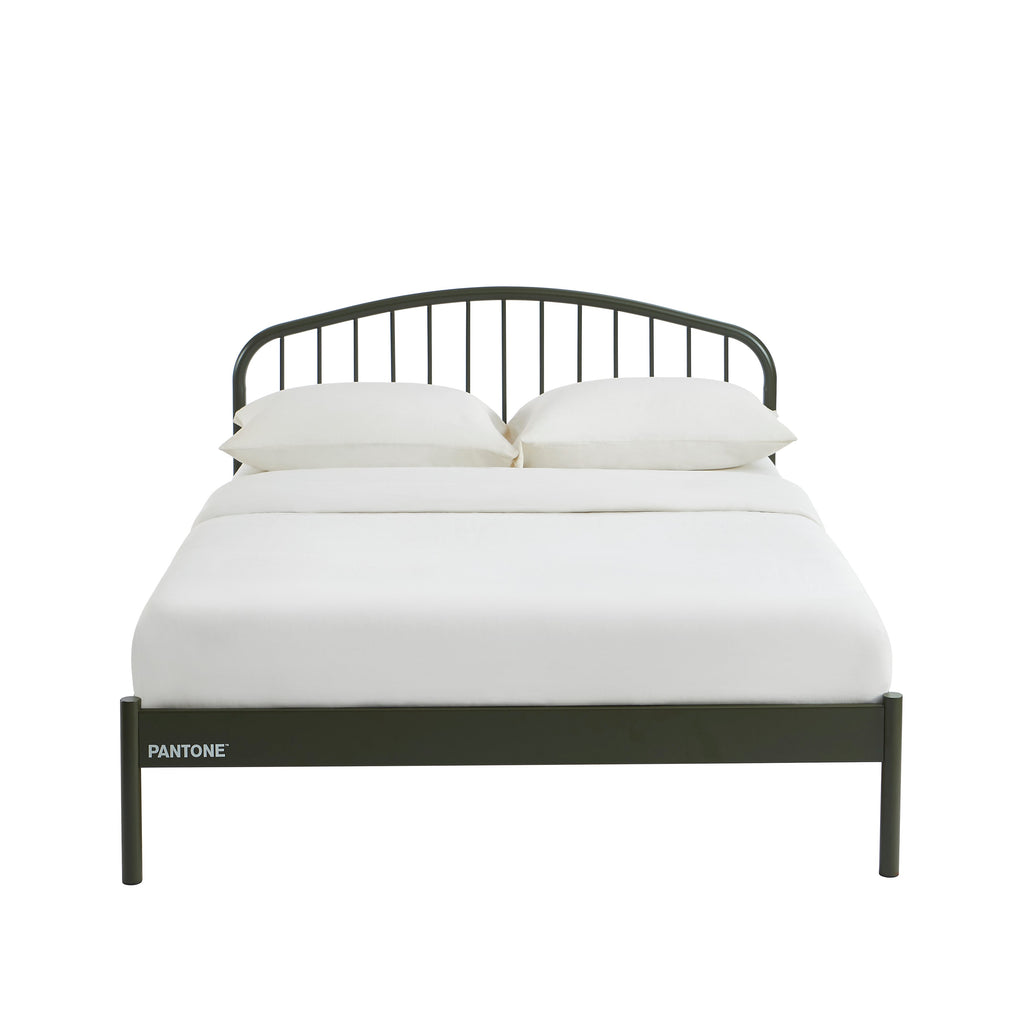 PANTONE® Metal Bed with Integrated Headboard and Slatted Base – Olive green