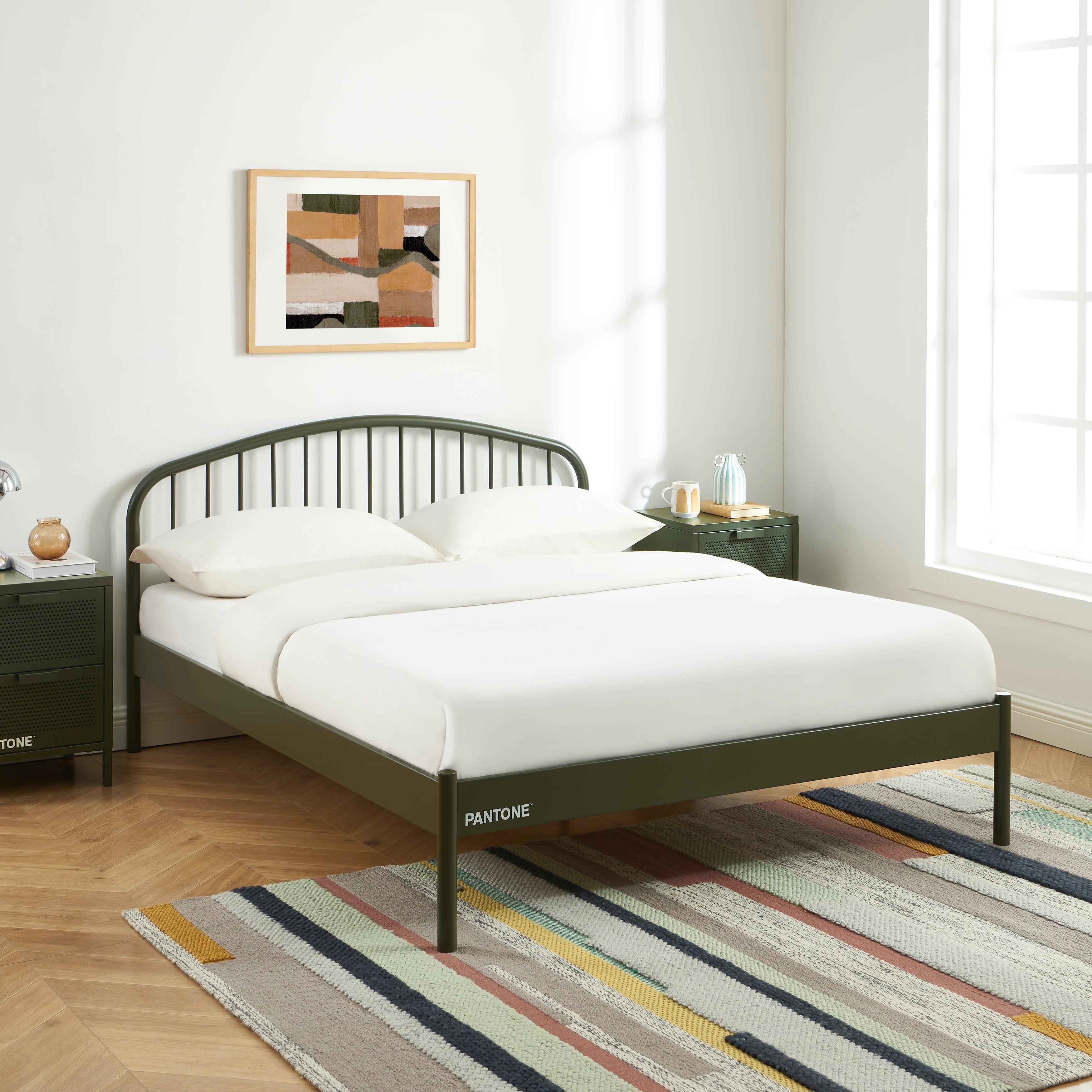 PANTONE® Metal Bed with Integrated Headboard and Slatted Base – Olive green