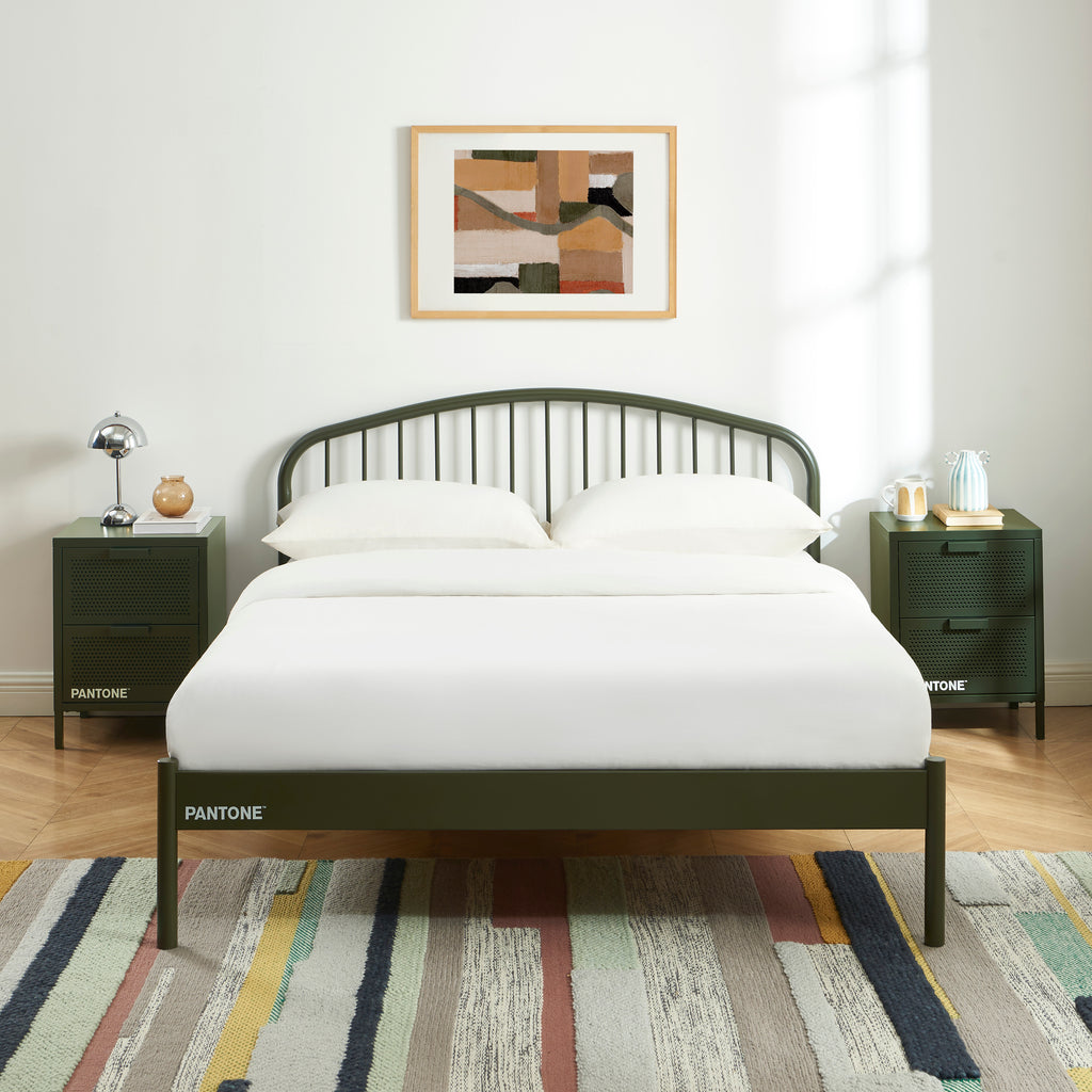 PANTONE® Metal Bed with Integrated Headboard and Slatted Base – Olive green