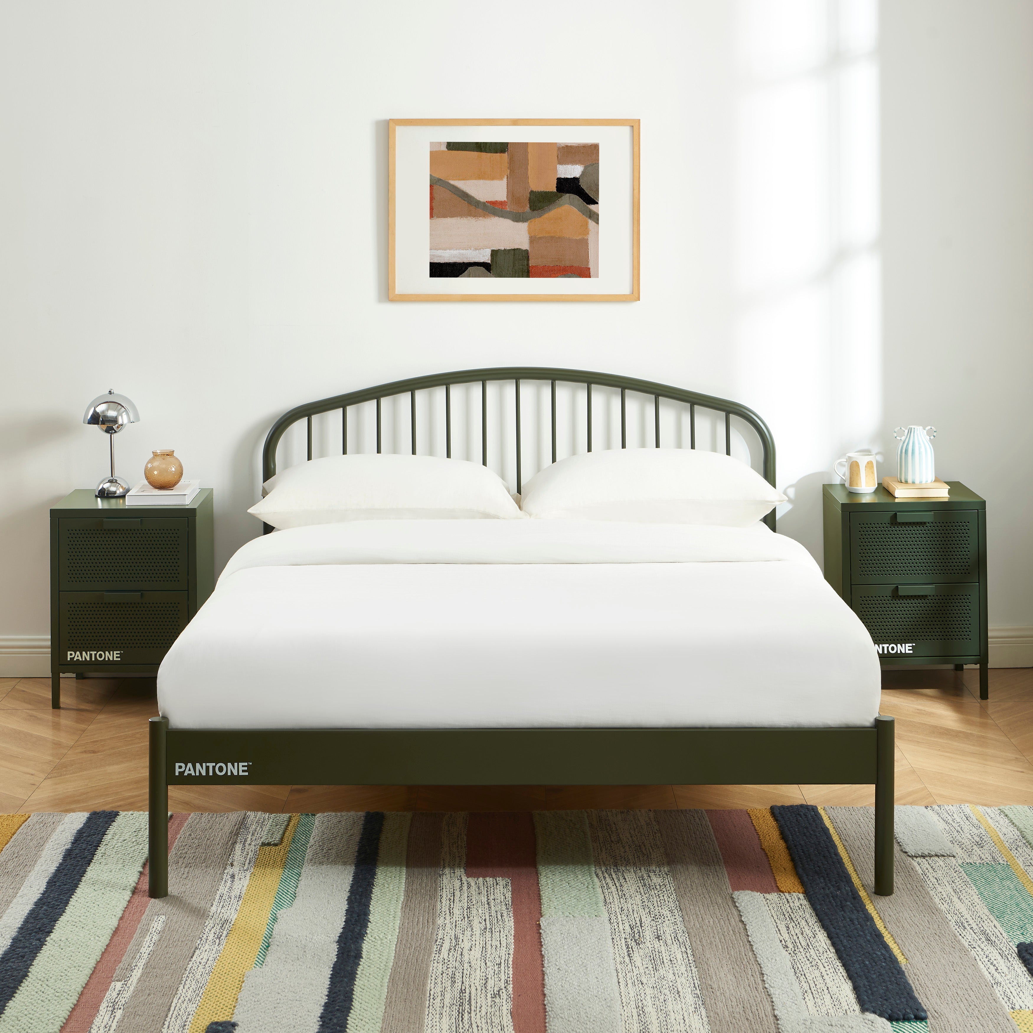 PANTONE® Metal Bed with Integrated Headboard and Slatted Base – Olive green