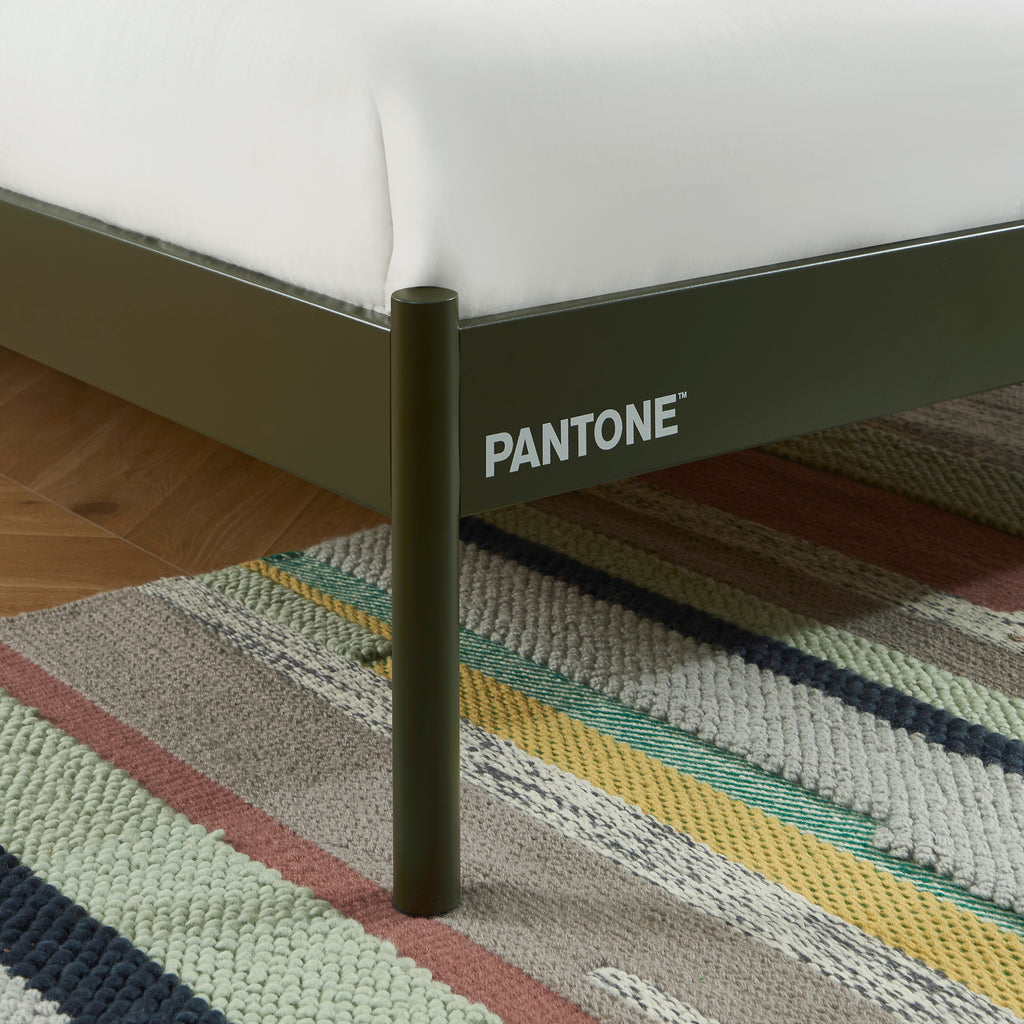 PANTONE® Metal Bed with Integrated Headboard and Slatted Base – Olive green