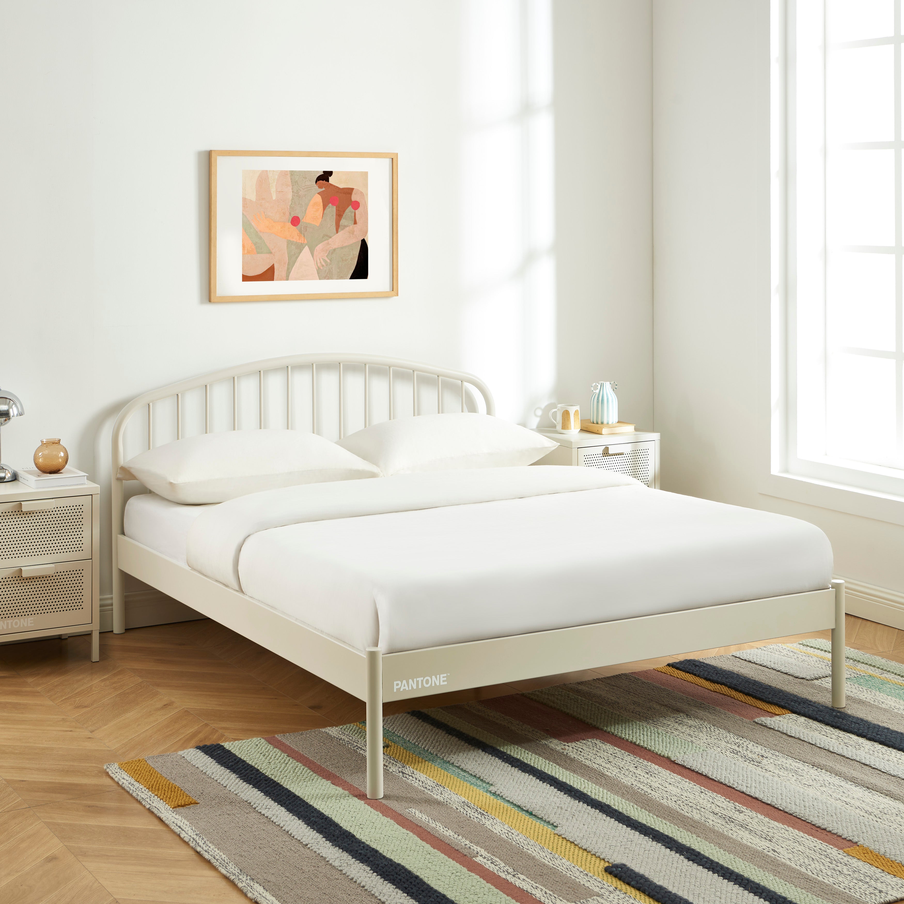 PANTONE® Metal Bed with Integrated Headboard and Slatted Base – Sand