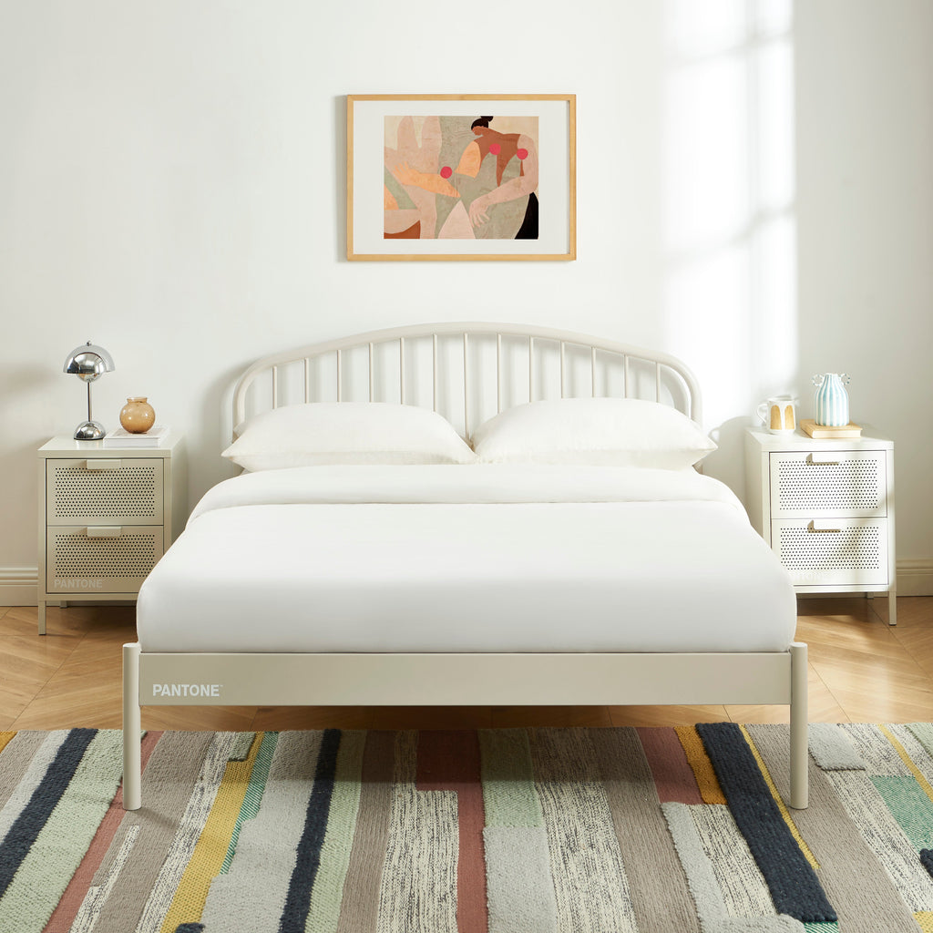 PANTONE® Metal Bed with Integrated Headboard and Slatted Base – Sand