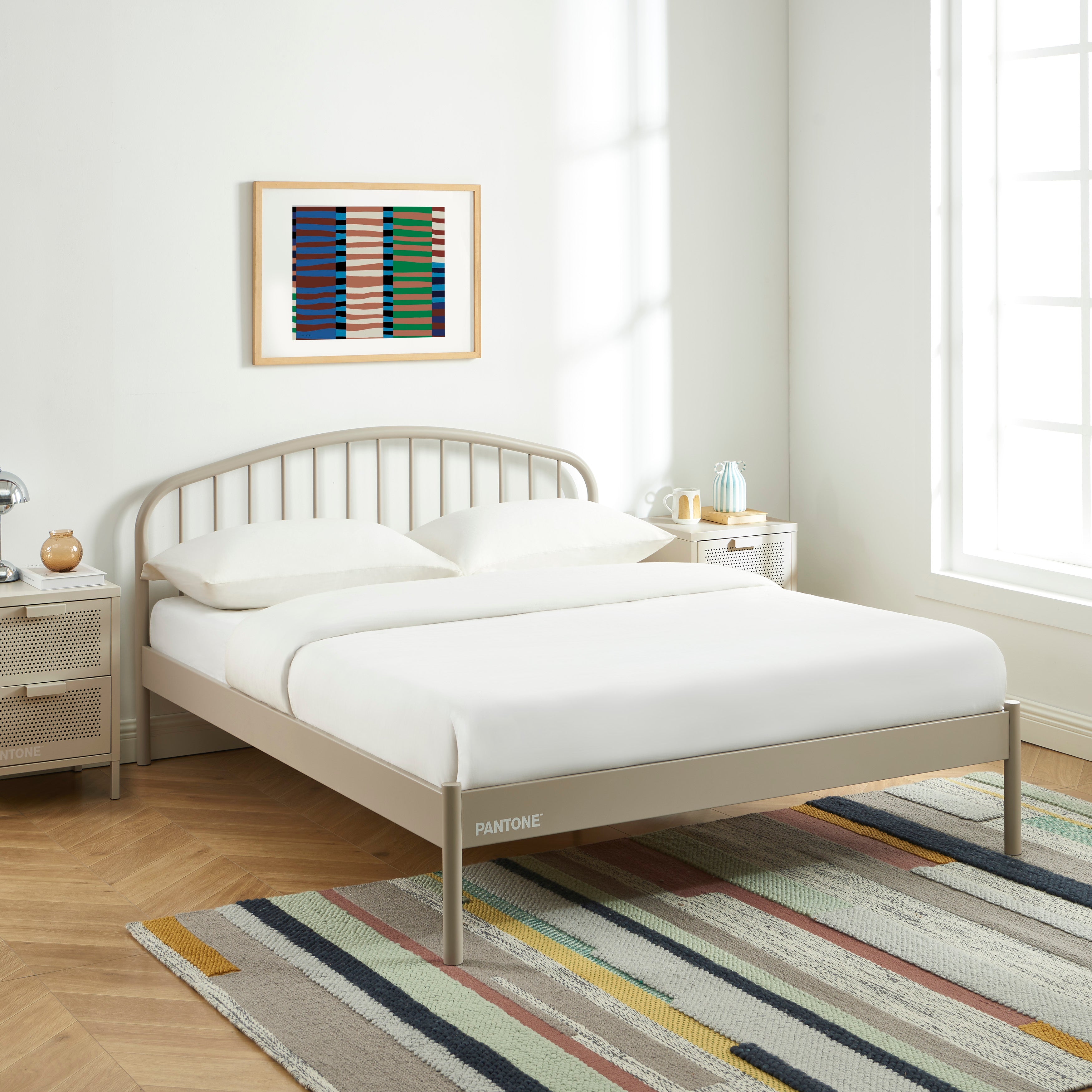PANTONE® Metal Bed with Integrated Headboard and Slatted Base – Taupe