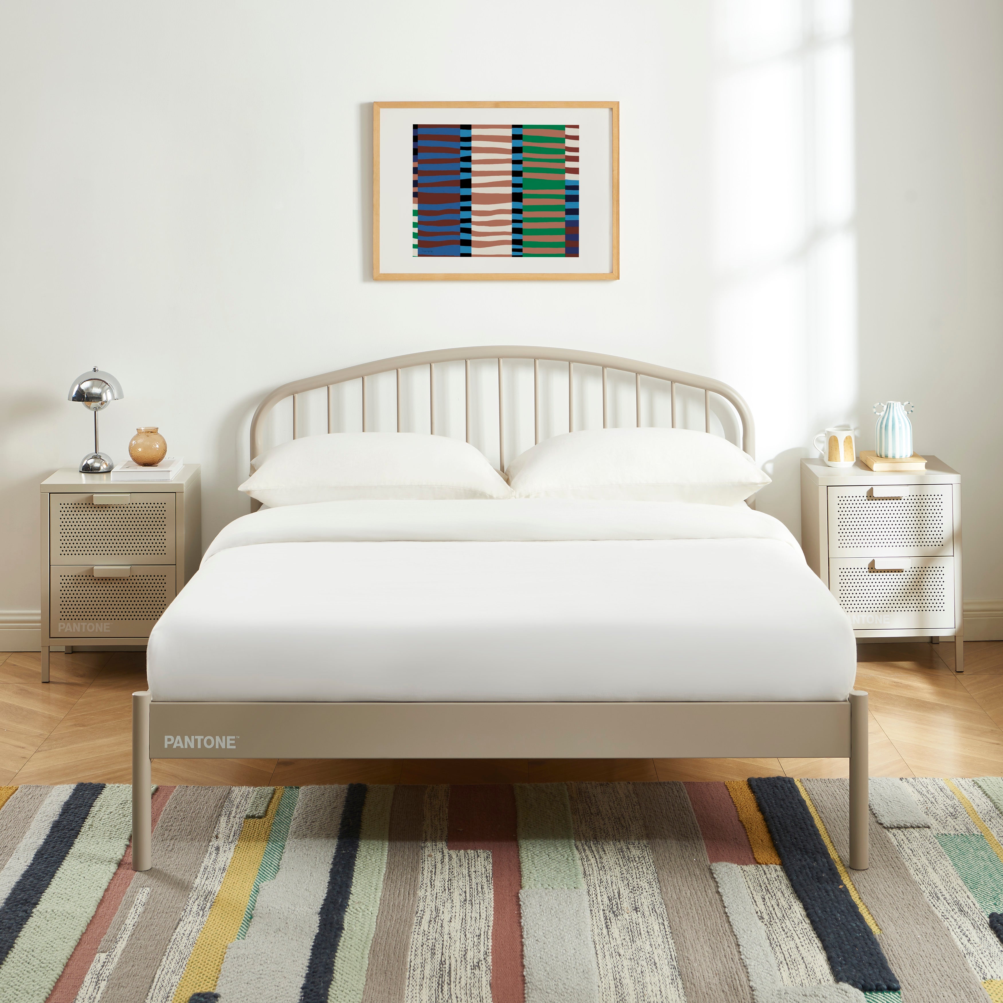 PANTONE® Metal Bed with Integrated Headboard and Slatted Base – Taupe