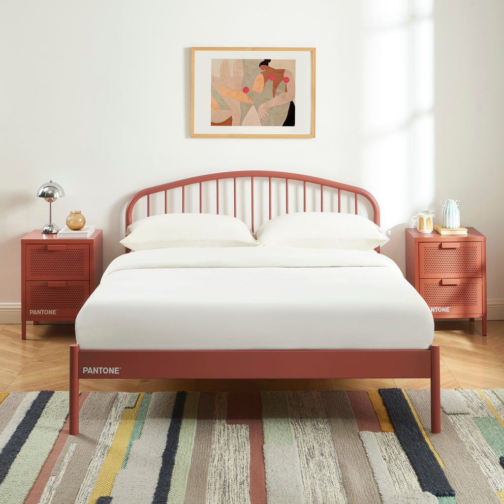PANTONE® Metal Bed with Integrated Headboard and Slatted Base – Terracotta