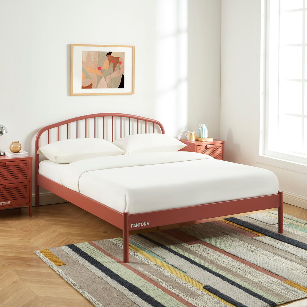 PANTONE® Metal Bed with Integrated Headboard and Slatted Base – Terracotta
