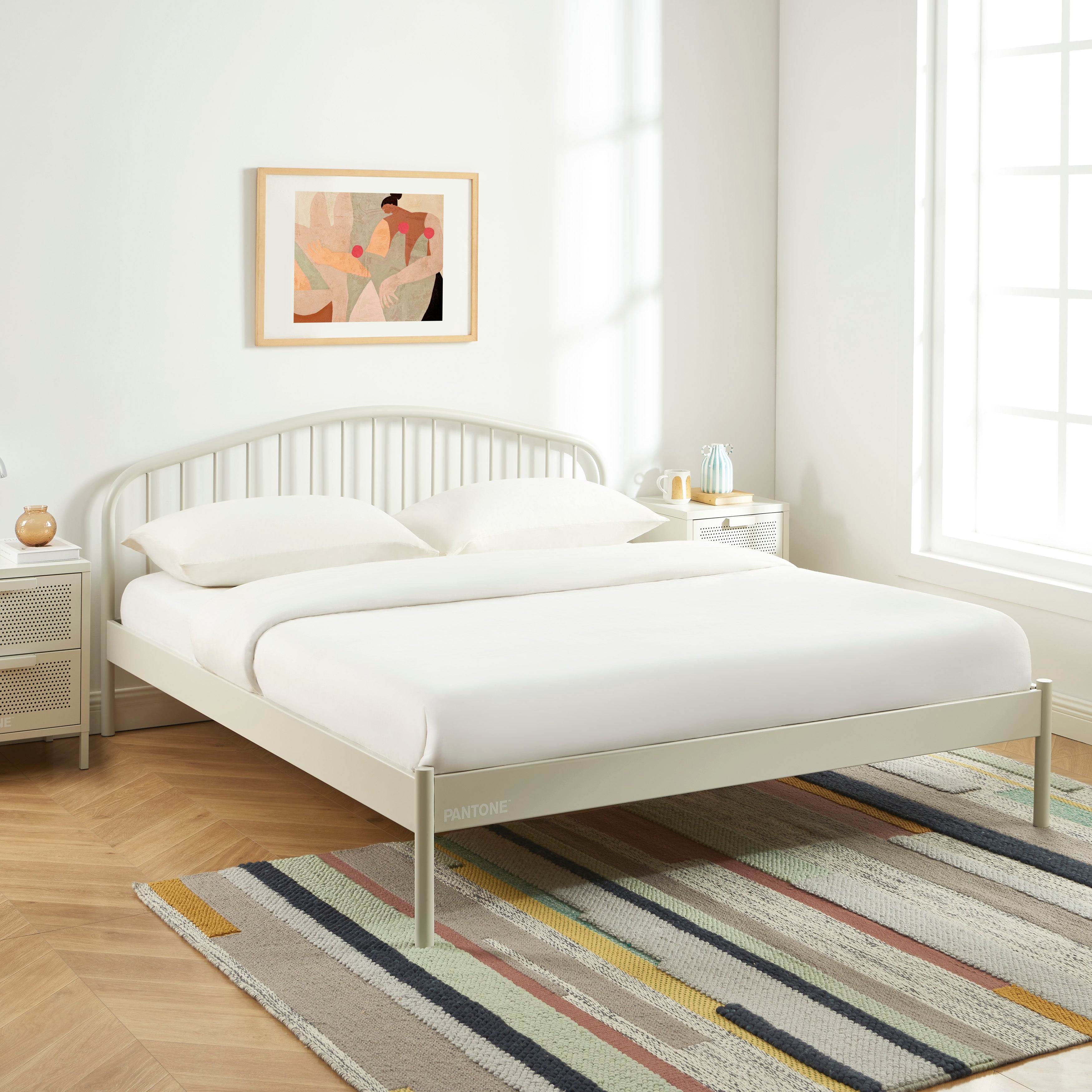 PANTONE® Metal Bed with Integrated Headboard and Slatted Base – Sand