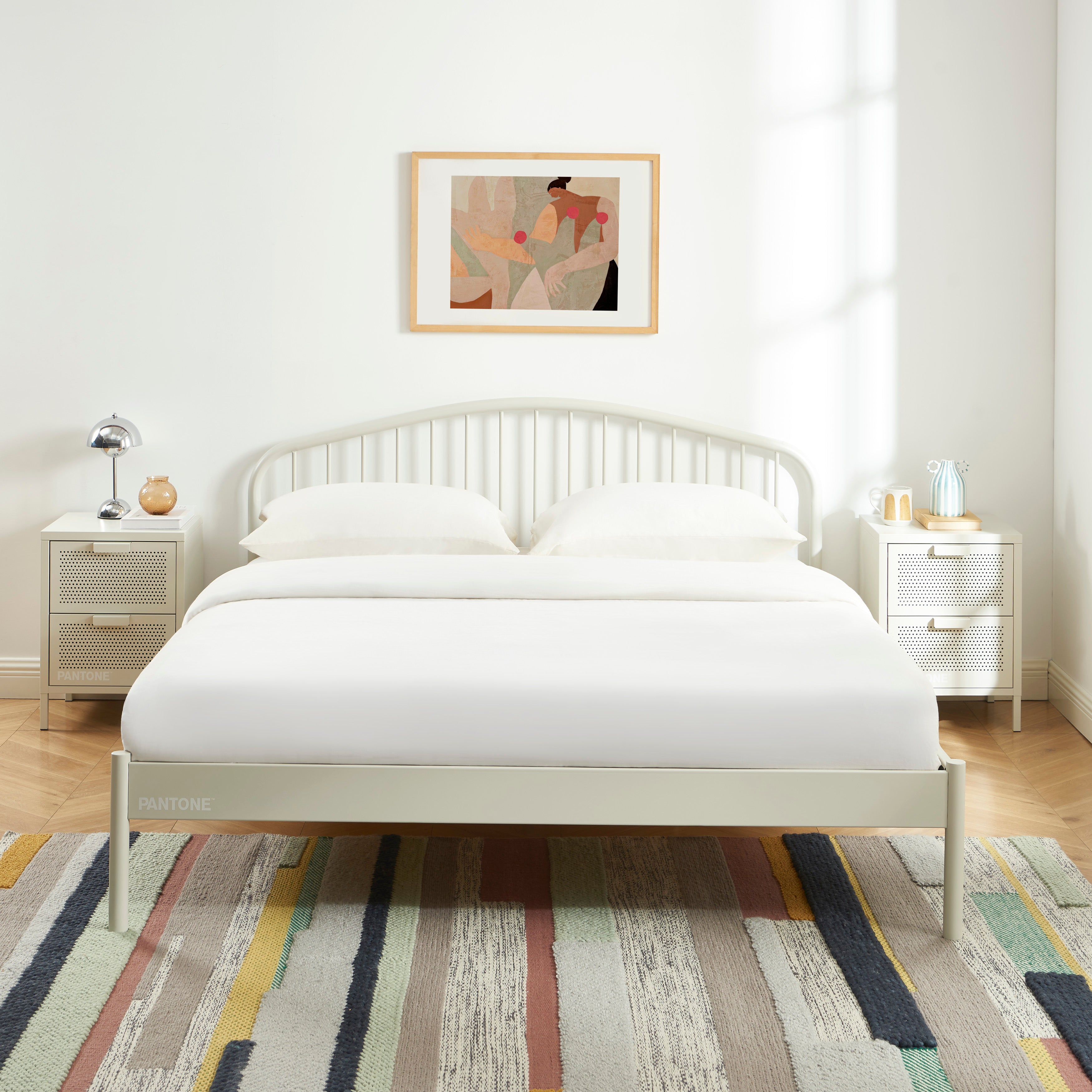 PANTONE® Metal Bed with Integrated Headboard and Slatted Base – Sand