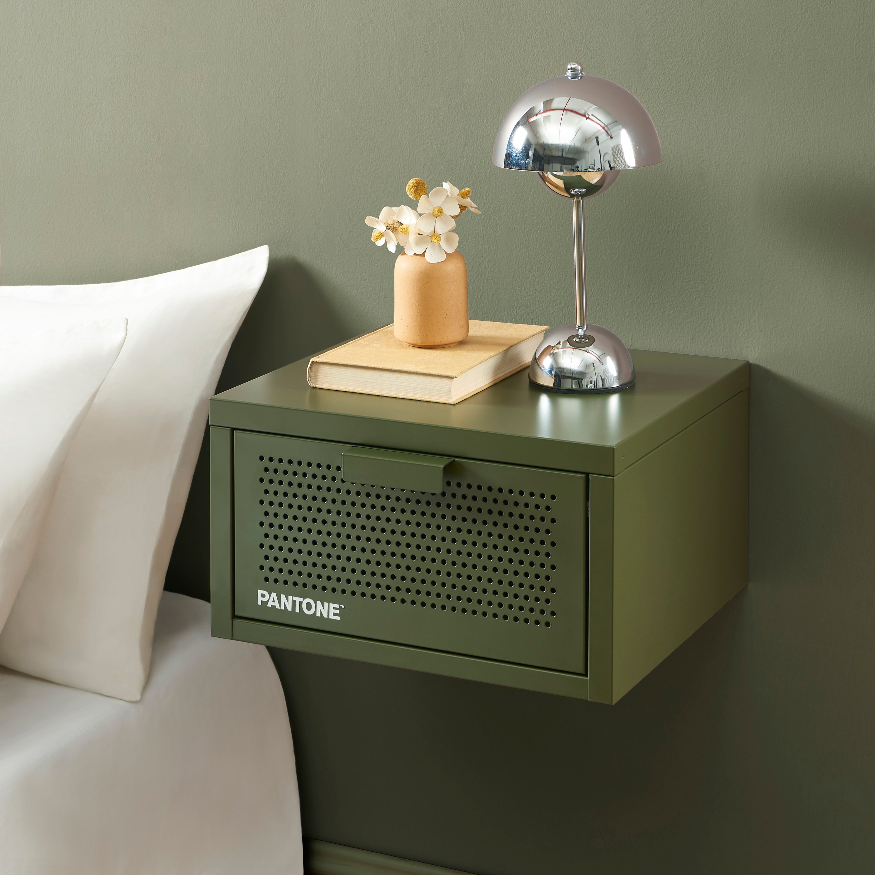 PANTONE® Metal Wall-Mounted Nightstand – Olive green
