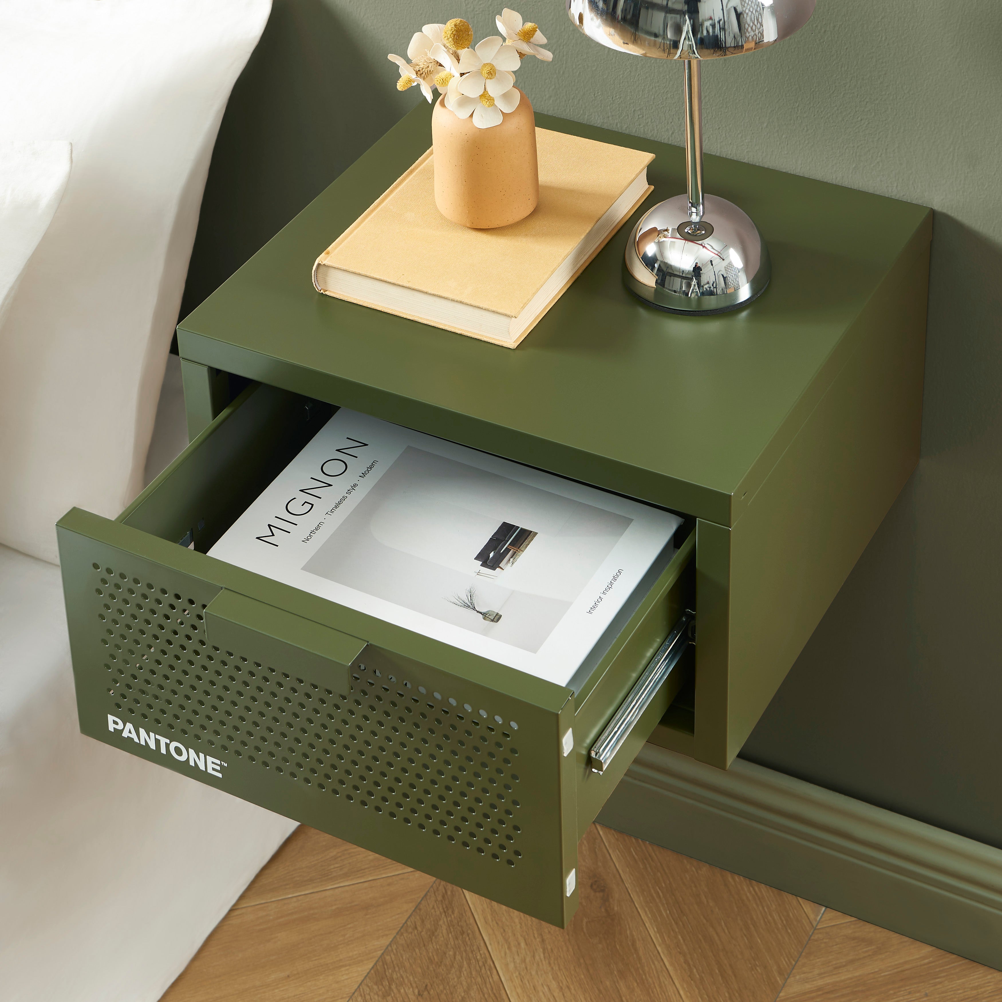 PANTONE® Metal Wall-Mounted Nightstand – Olive green