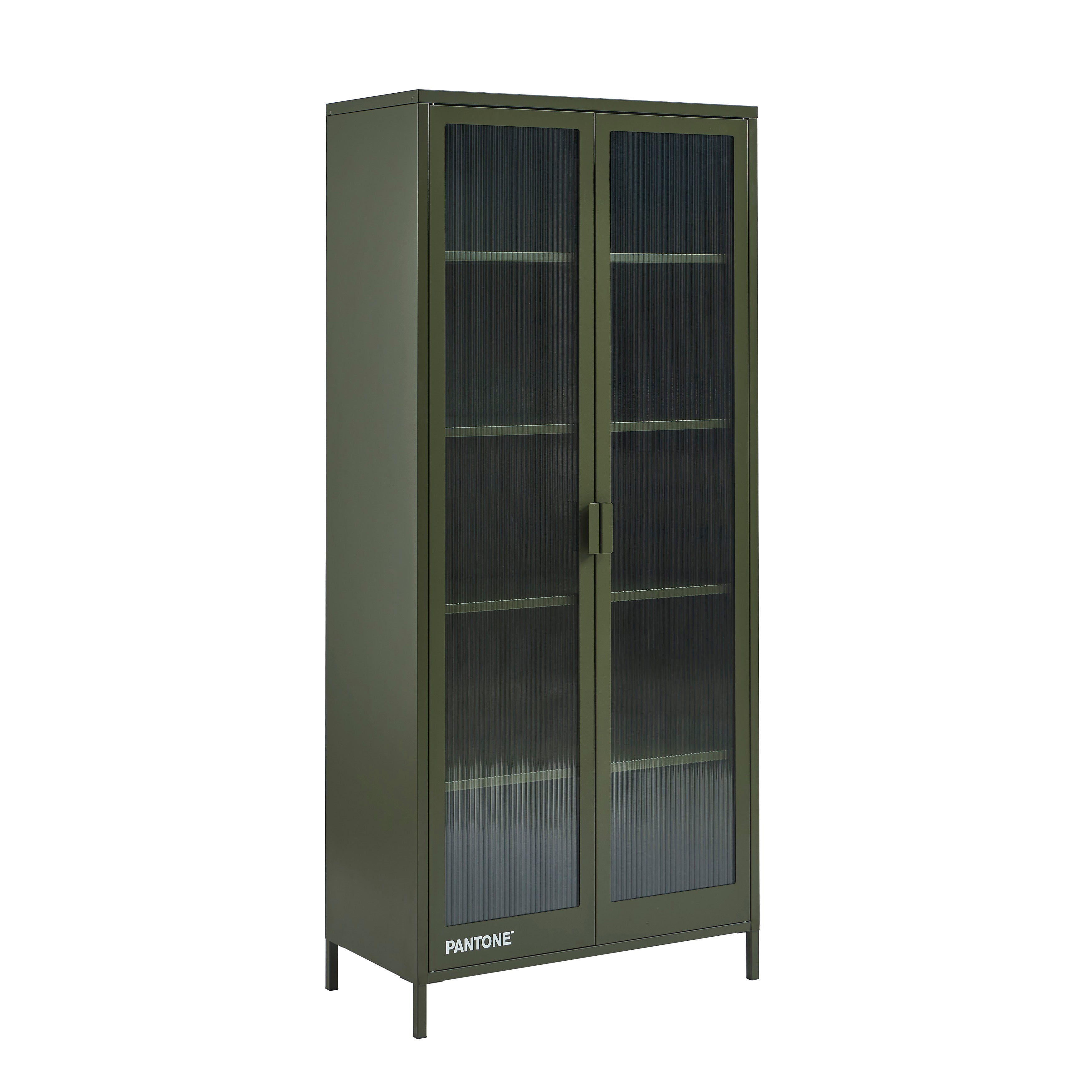 PANTONE® Fluted Glass Metal Display Cabinet – Olive green