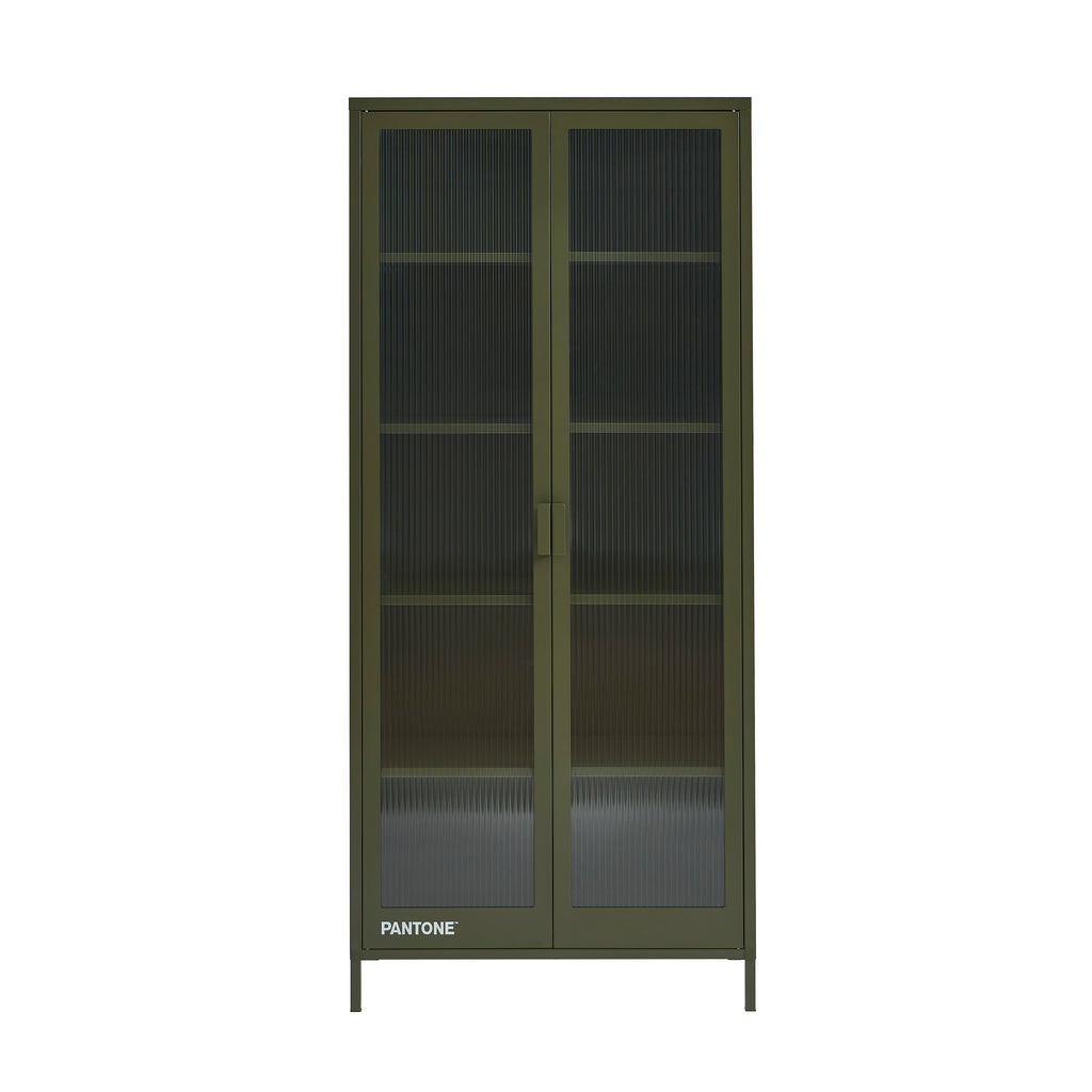 PANTONE® Fluted Glass Metal Display Cabinet – Olive green