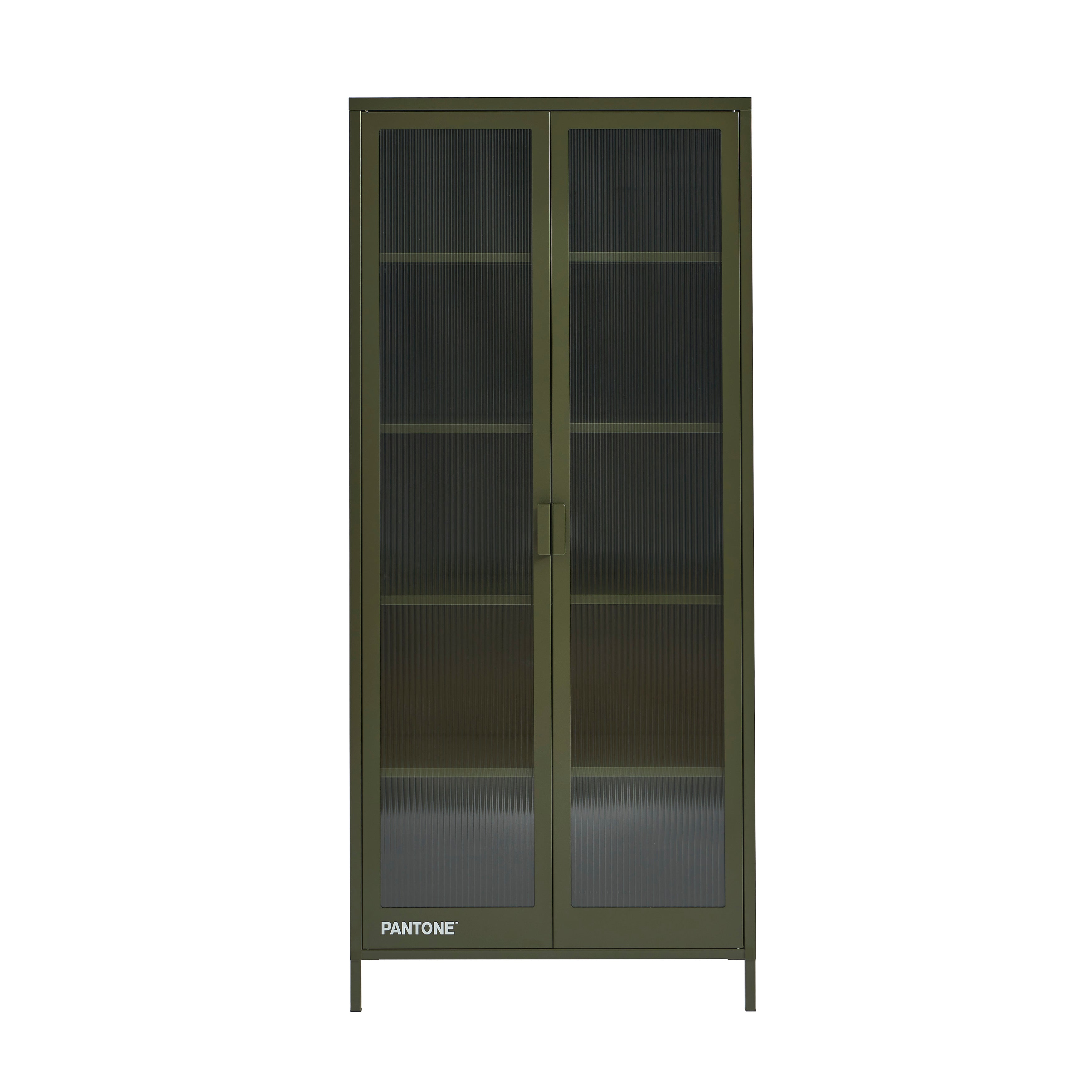 PANTONE® Fluted Glass Metal Display Cabinet – Olive green