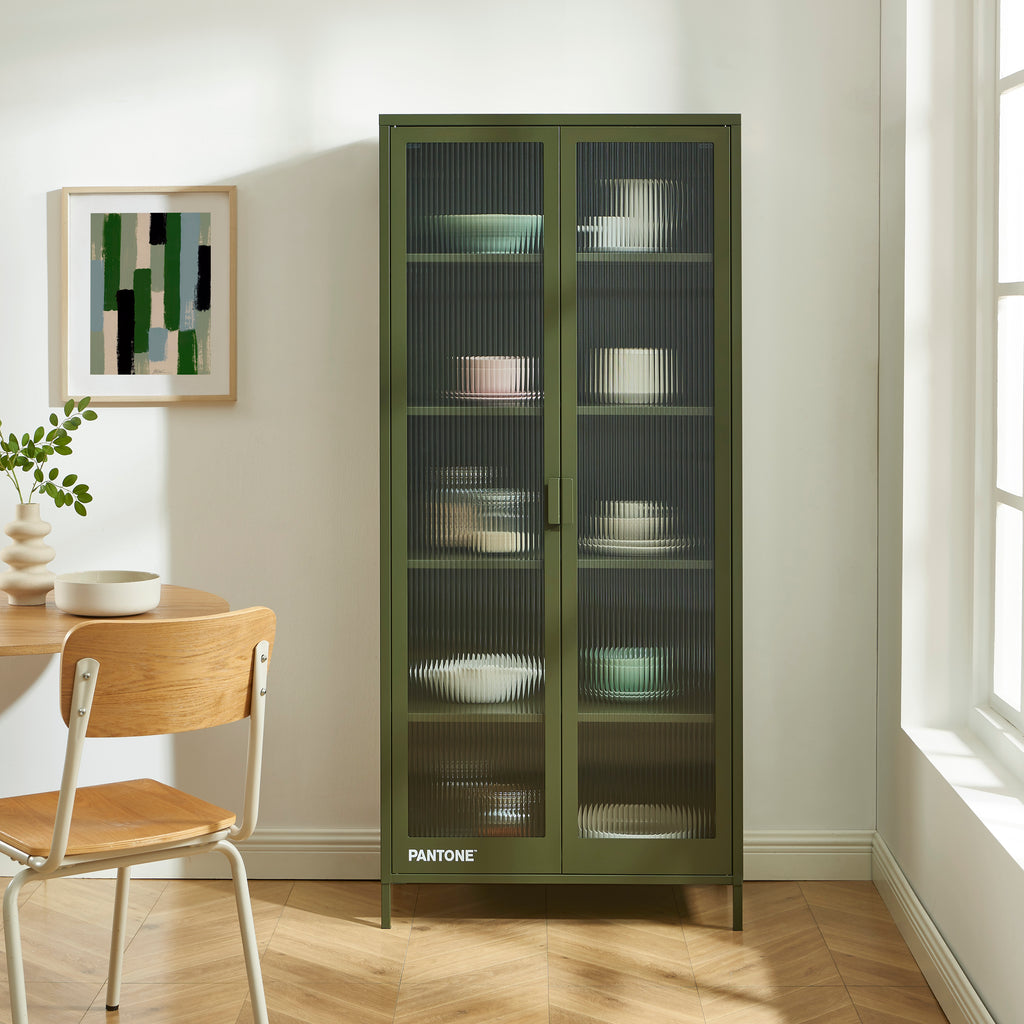 PANTONE® Fluted Glass Metal Display Cabinet – Olive green