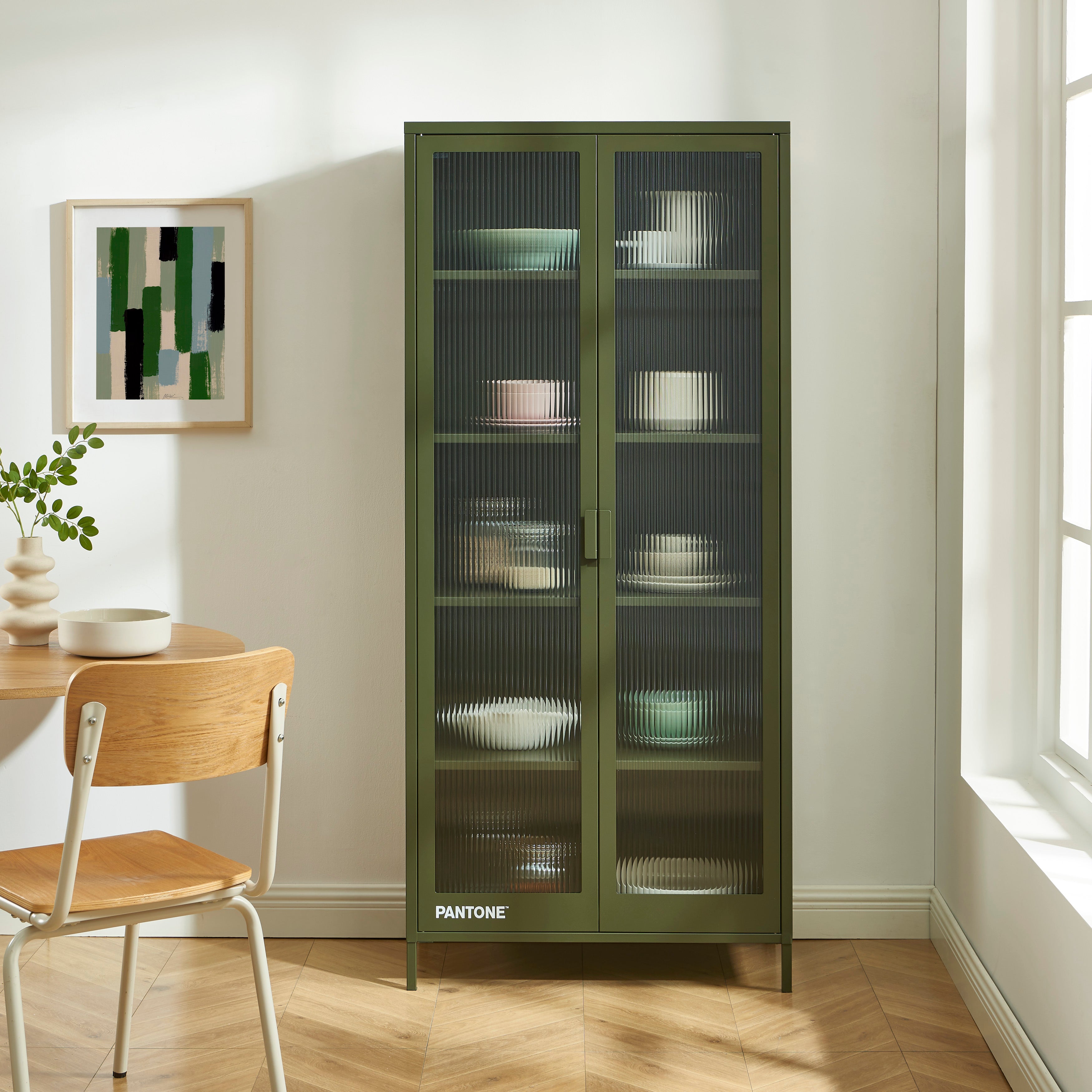 PANTONE® Fluted Glass Metal Display Cabinet – Olive green