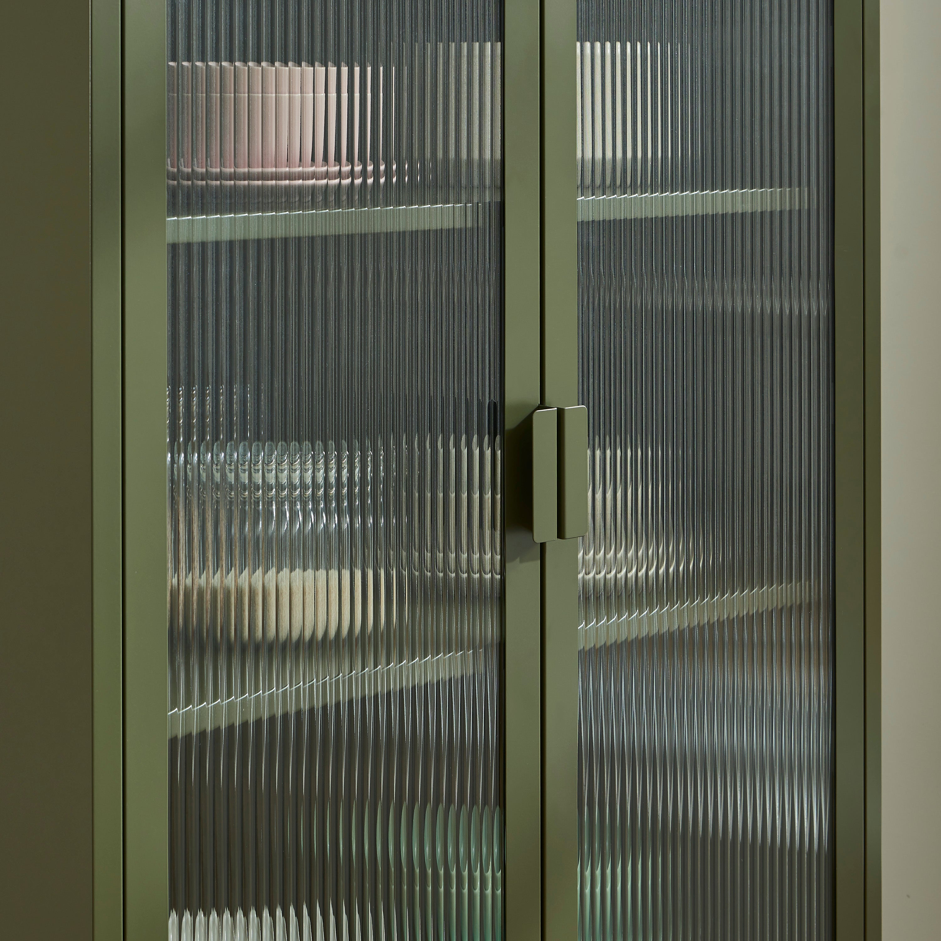PANTONE® Fluted Glass Metal Display Cabinet – Olive green
