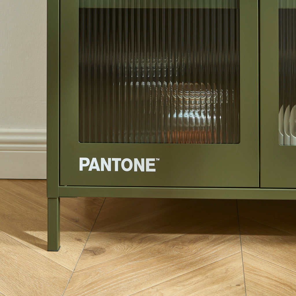 PANTONE® Fluted Glass Metal Display Cabinet – Olive green
