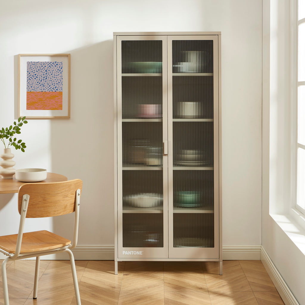 PANTONE® Fluted Glass Metal Display Cabinet – Taupe