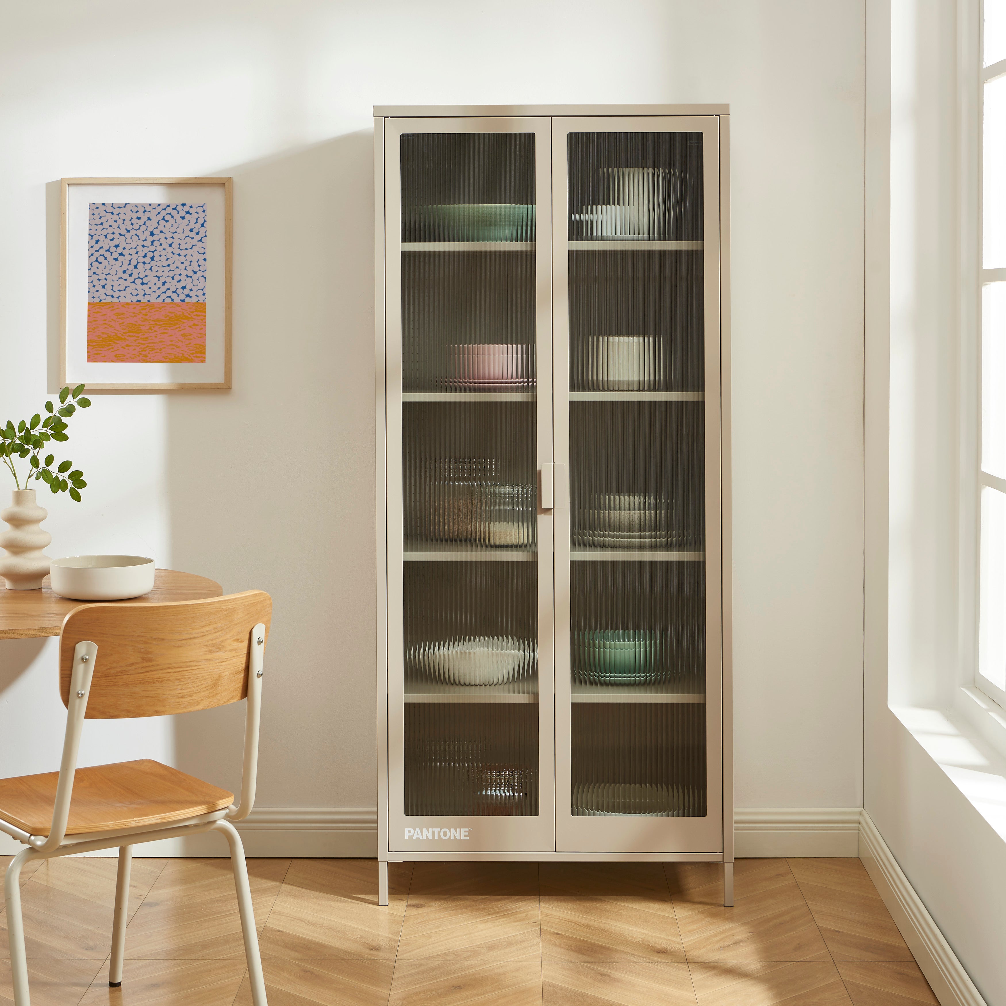 PANTONE® Fluted Glass Metal Display Cabinet – Taupe