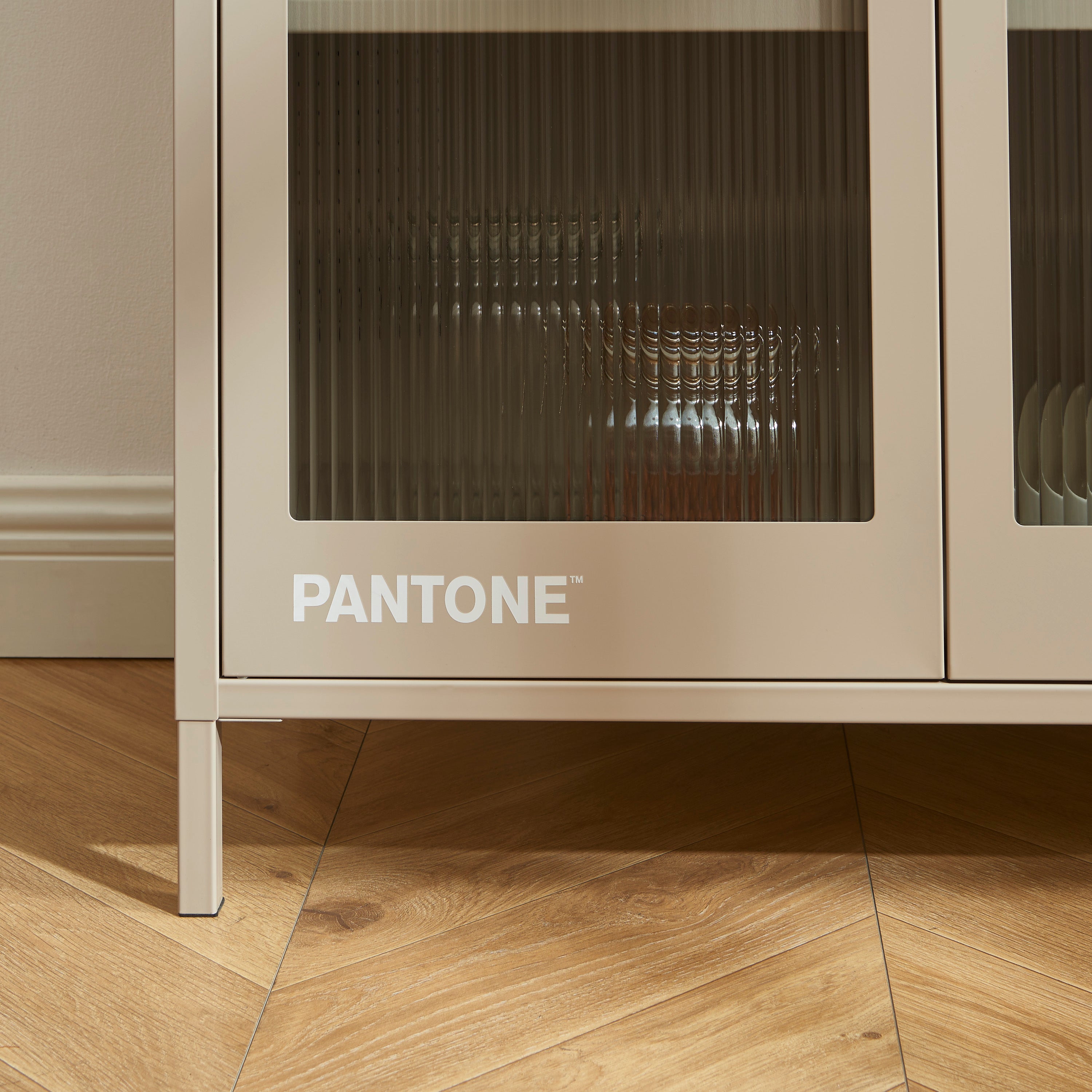 PANTONE® Fluted Glass Metal Display Cabinet – Taupe