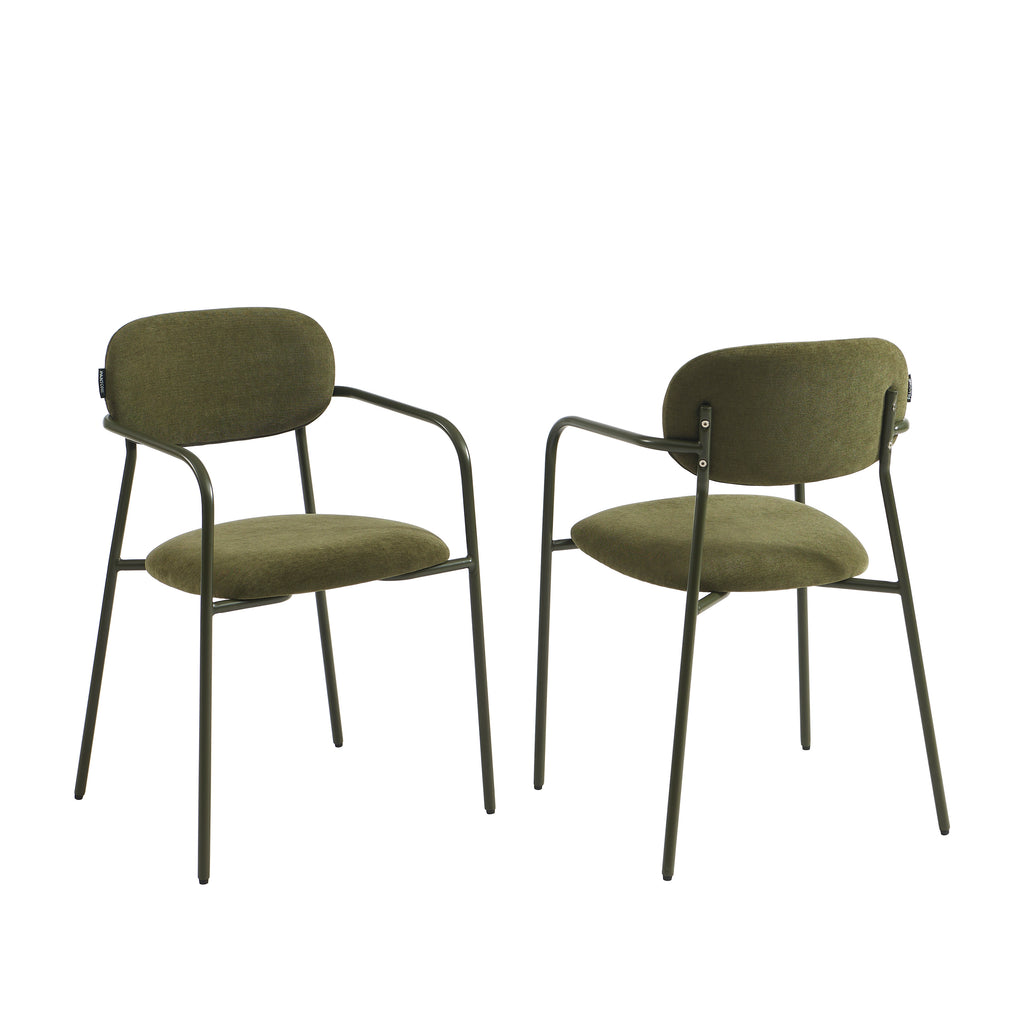 PANTONE® Set of 2 Dining Chairs with Fabric Seat and Metal Armrests – Olive green