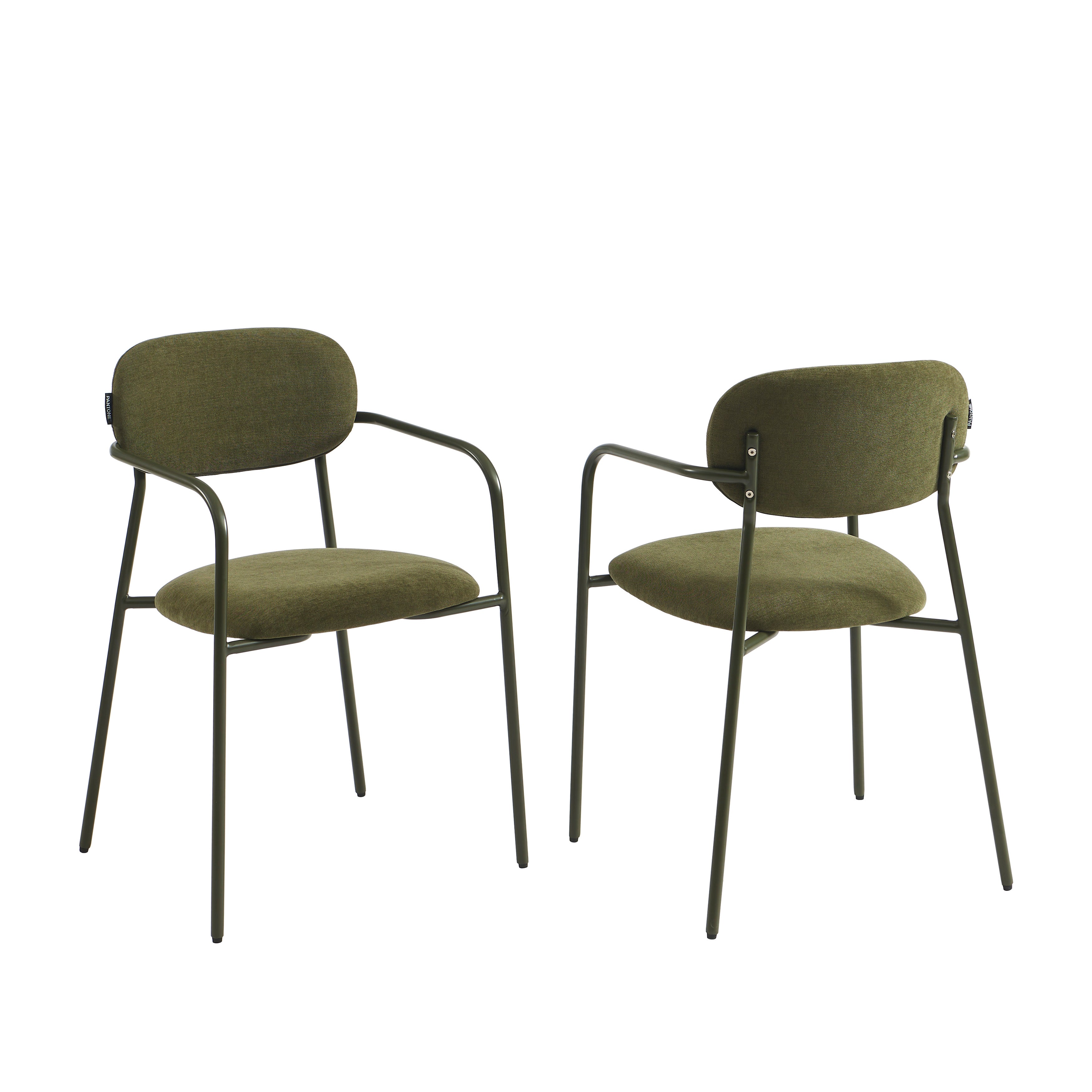 PANTONE® Set of 2 Dining Chairs with Fabric Seat and Metal Armrests – Olive green
