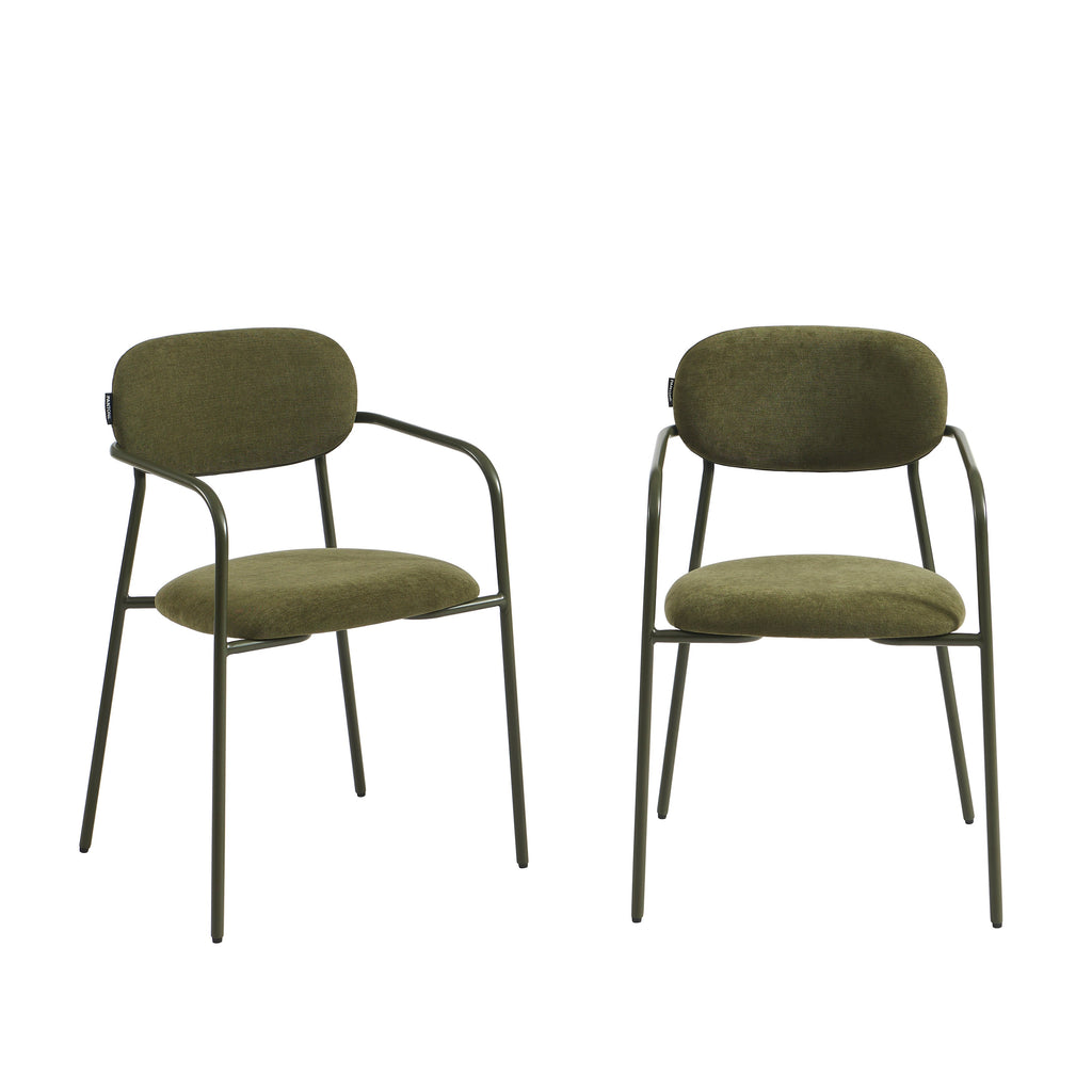 PANTONE® Set of 2 Dining Chairs with Fabric Seat and Metal Armrests – Olive green