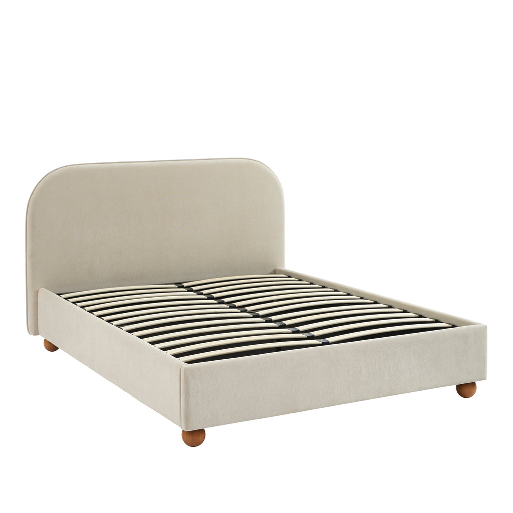 PILKA Striped Fabric Storage Bed with Slatted Base – Beige