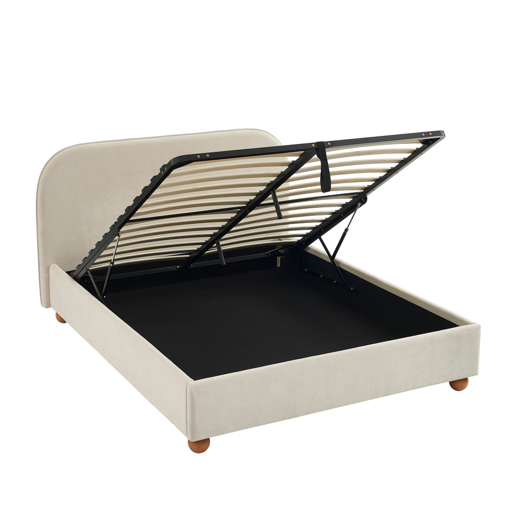 PILKA Striped Fabric Storage Bed with Slatted Base – Beige