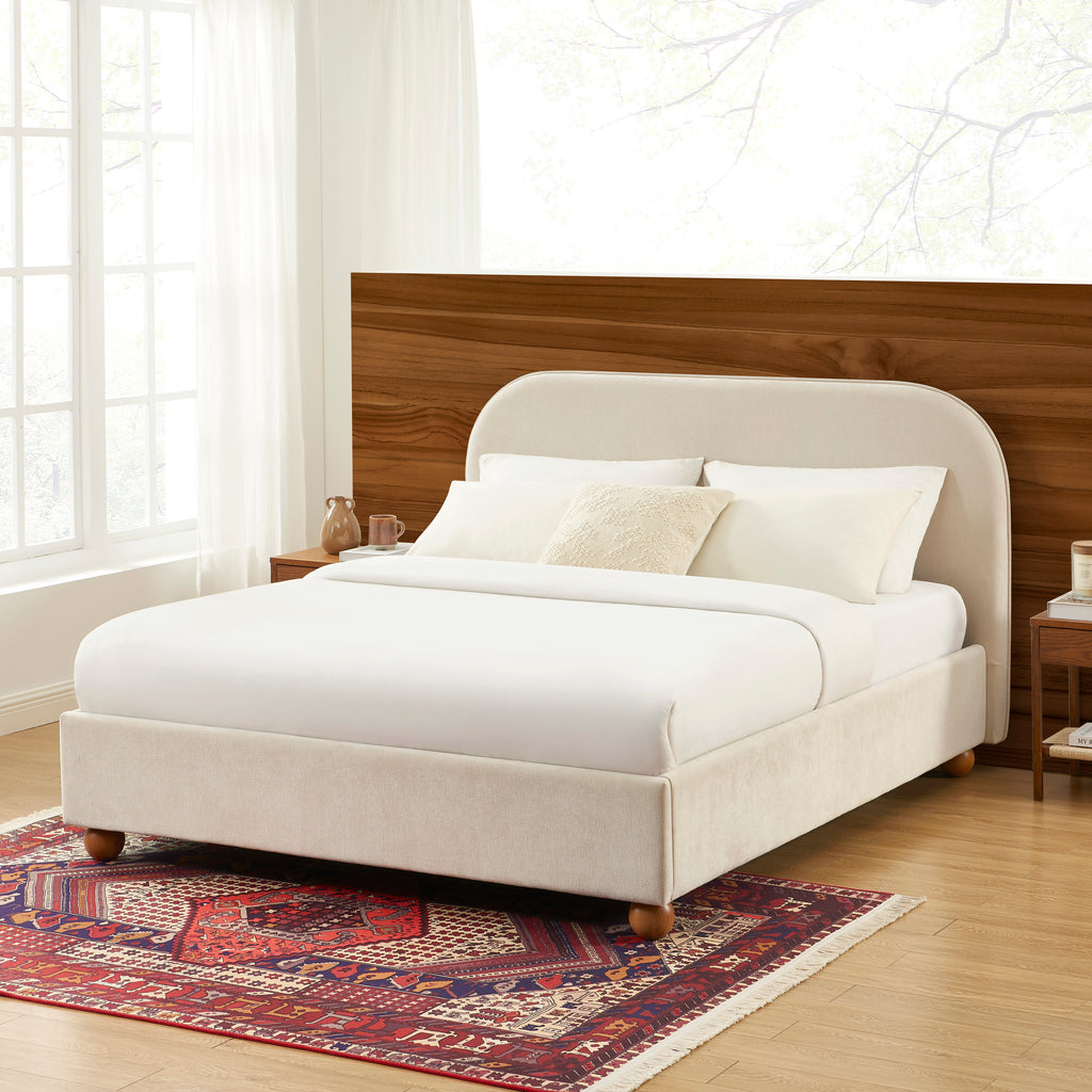 PILKA Striped Fabric Storage Bed with Slatted Base – Beige