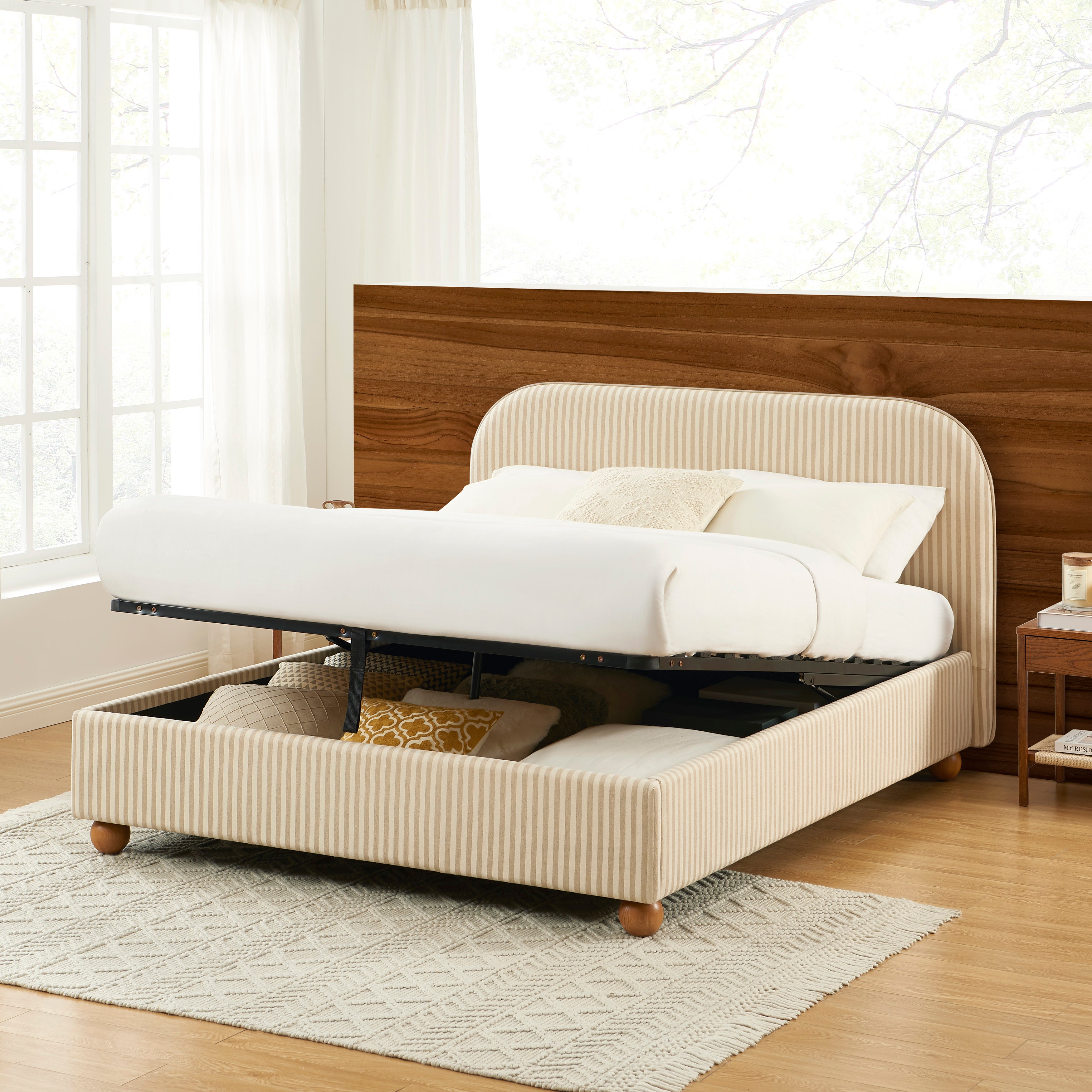 PILKA Striped Fabric Storage Bed with Slatted Base – White