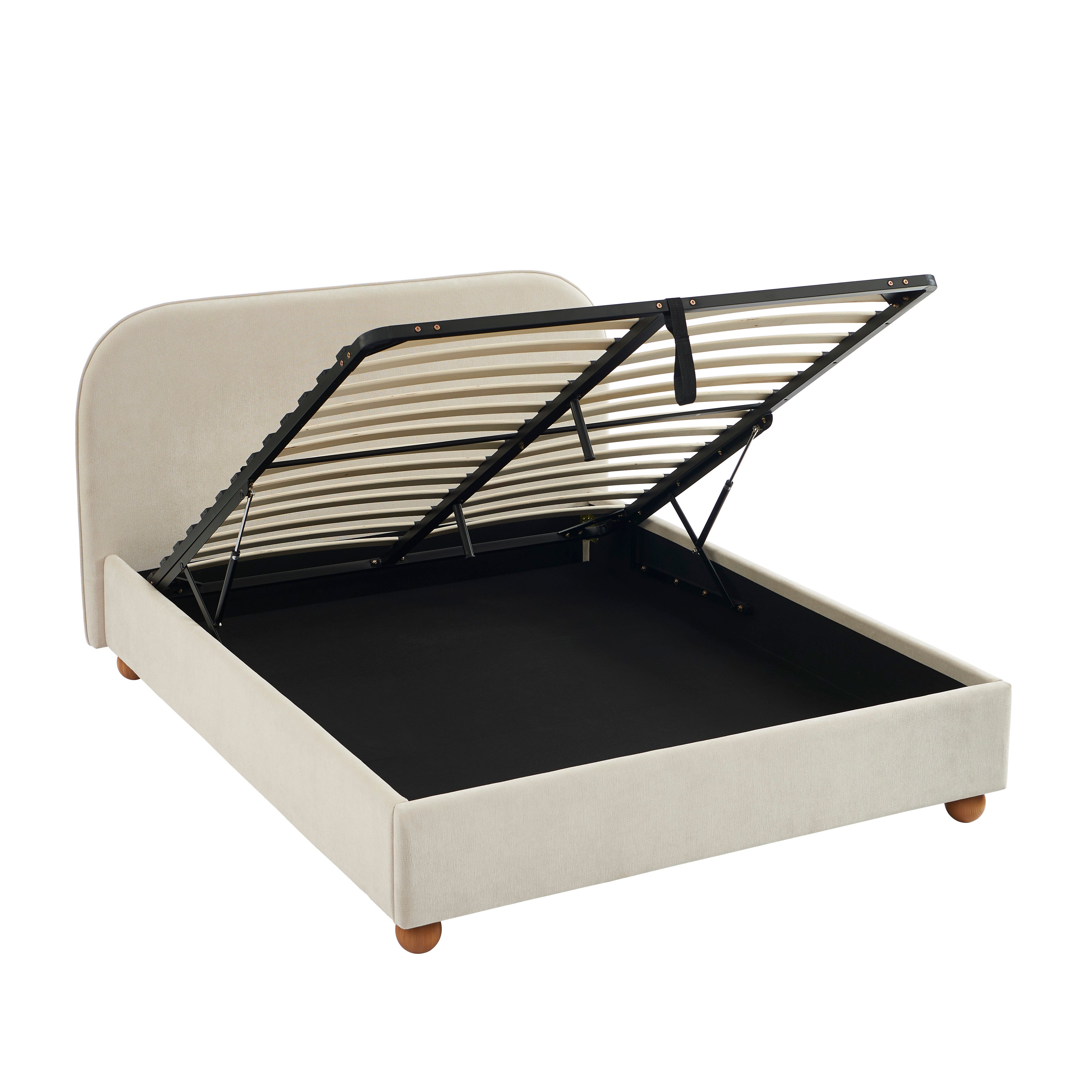 PILKA Striped Fabric Storage Bed with Slatted Base – Beige