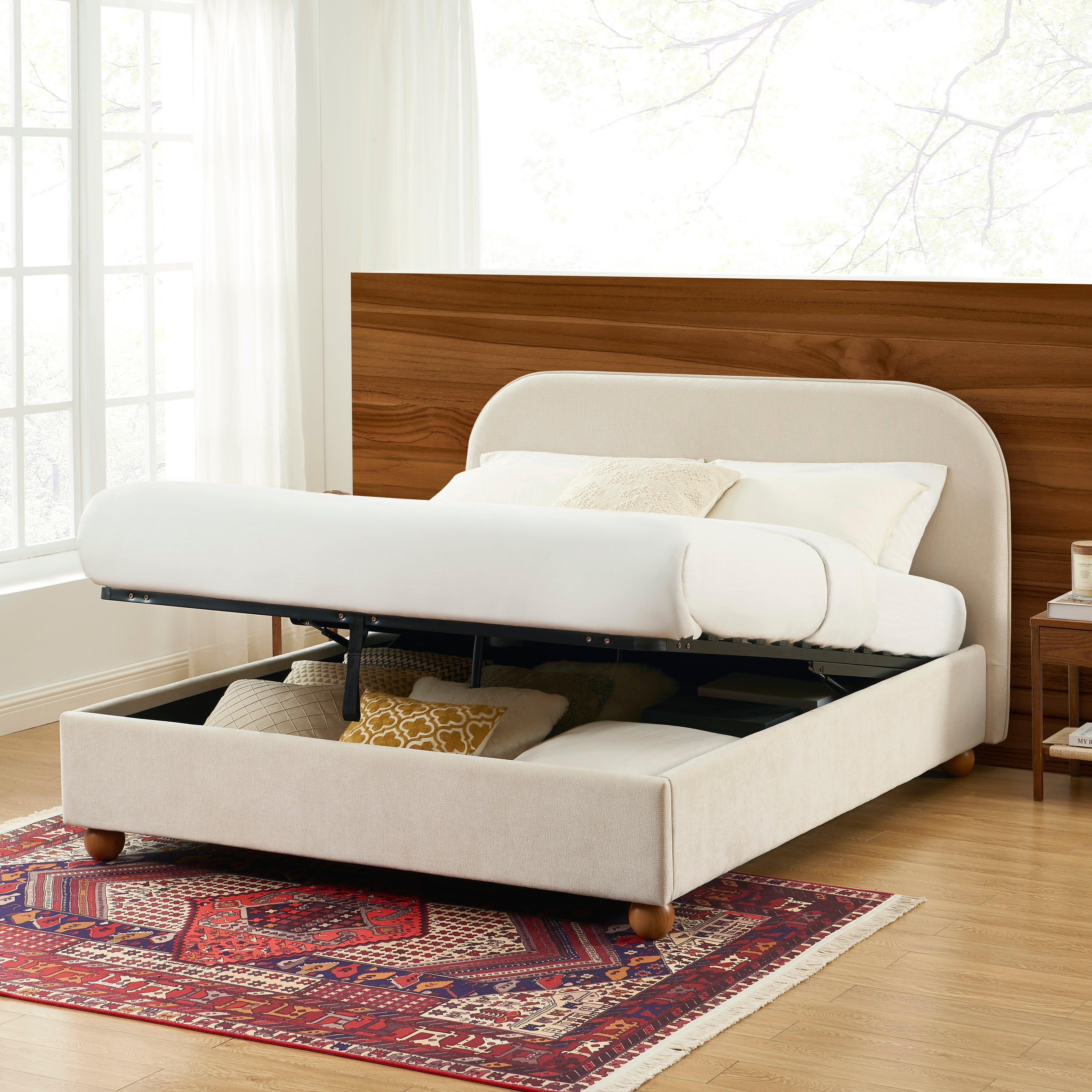 PILKA Striped Fabric Storage Bed with Slatted Base – Beige