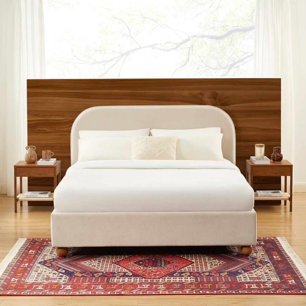 PILKA Striped Fabric Storage Bed with Slatted Base – Beige
