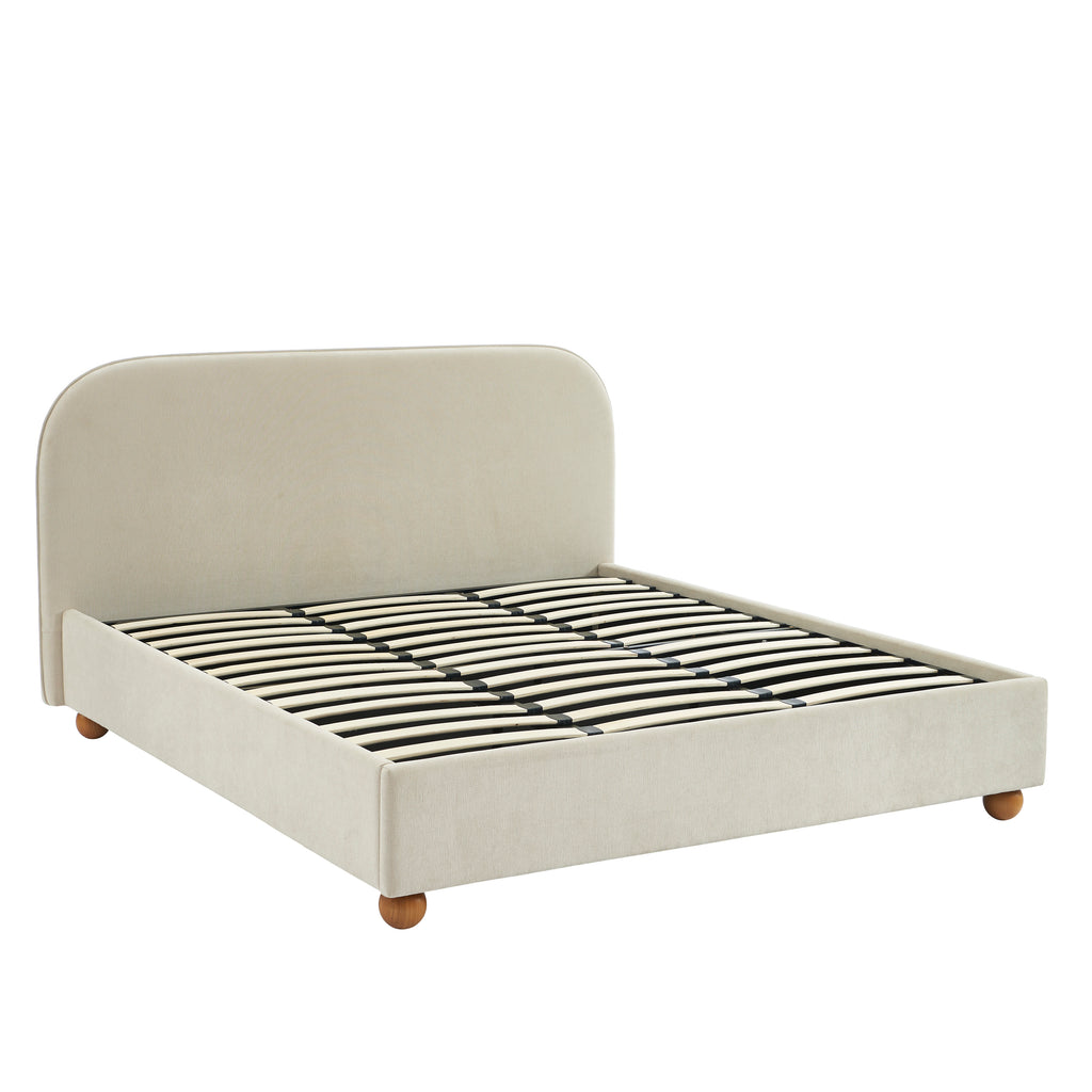 PILKA Striped Fabric Storage Bed with Slatted Base – Beige